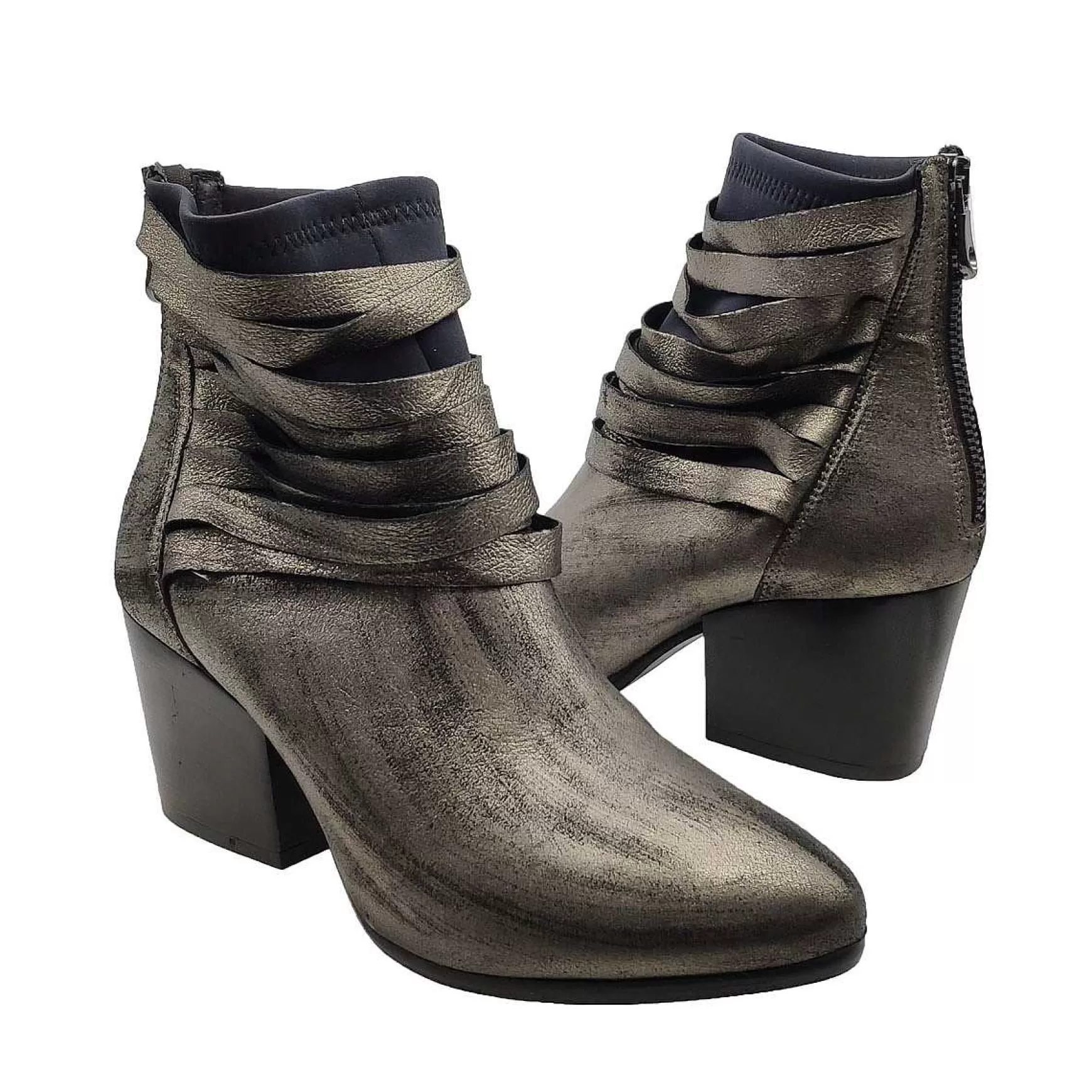 Calzature Donna Stivaletti In Pelle Laminata Argento Con Tagli Tono Su Tono E Tacco Medio** New