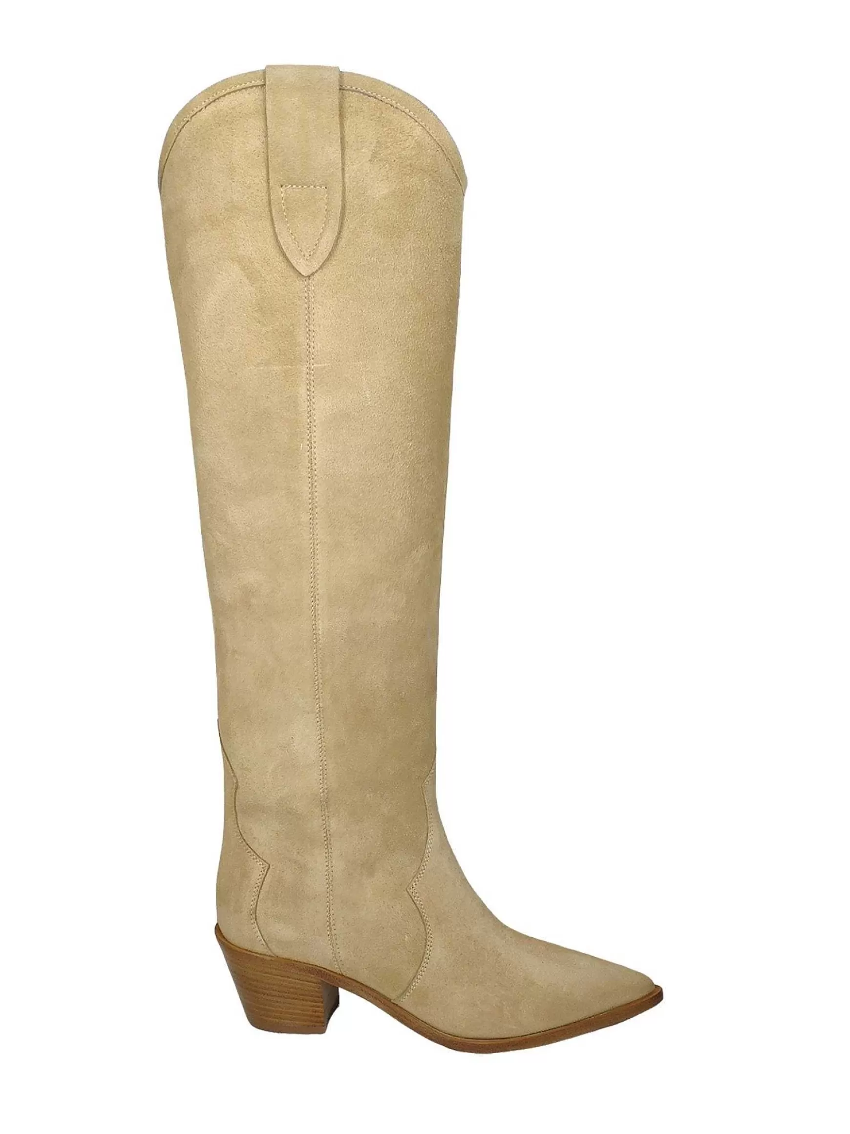Calzature Donna Stivali Texani In Camoscio Beige Tacco In Cuoio*Bervicato Hot