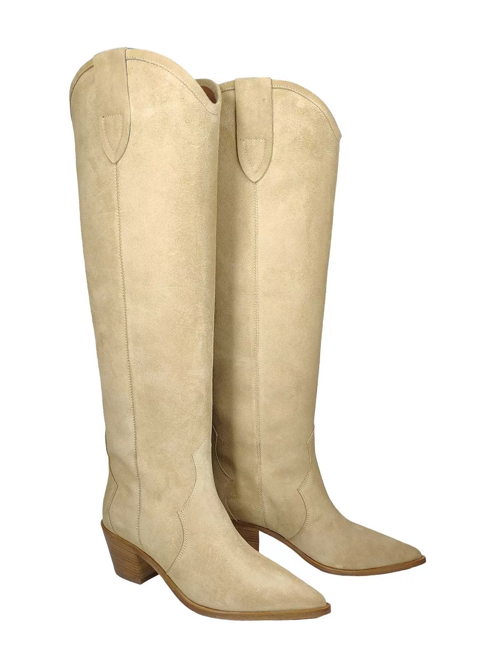 Calzature Donna Stivali Texani In Camoscio Beige Tacco In Cuoio*Bervicato Hot
