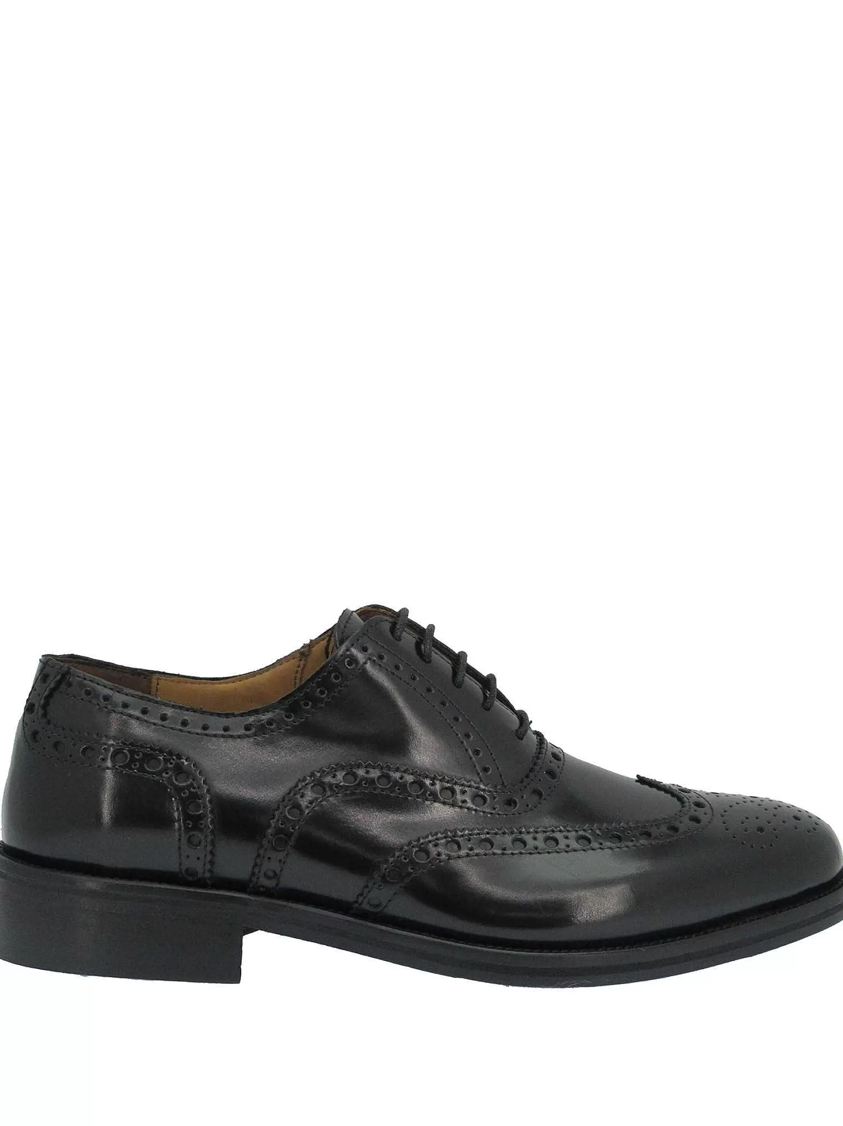 Calzature Uomo Stringate In Pelle Nera Lucida Con Impunture E Fondo In Cuoio*Rogal Fashion