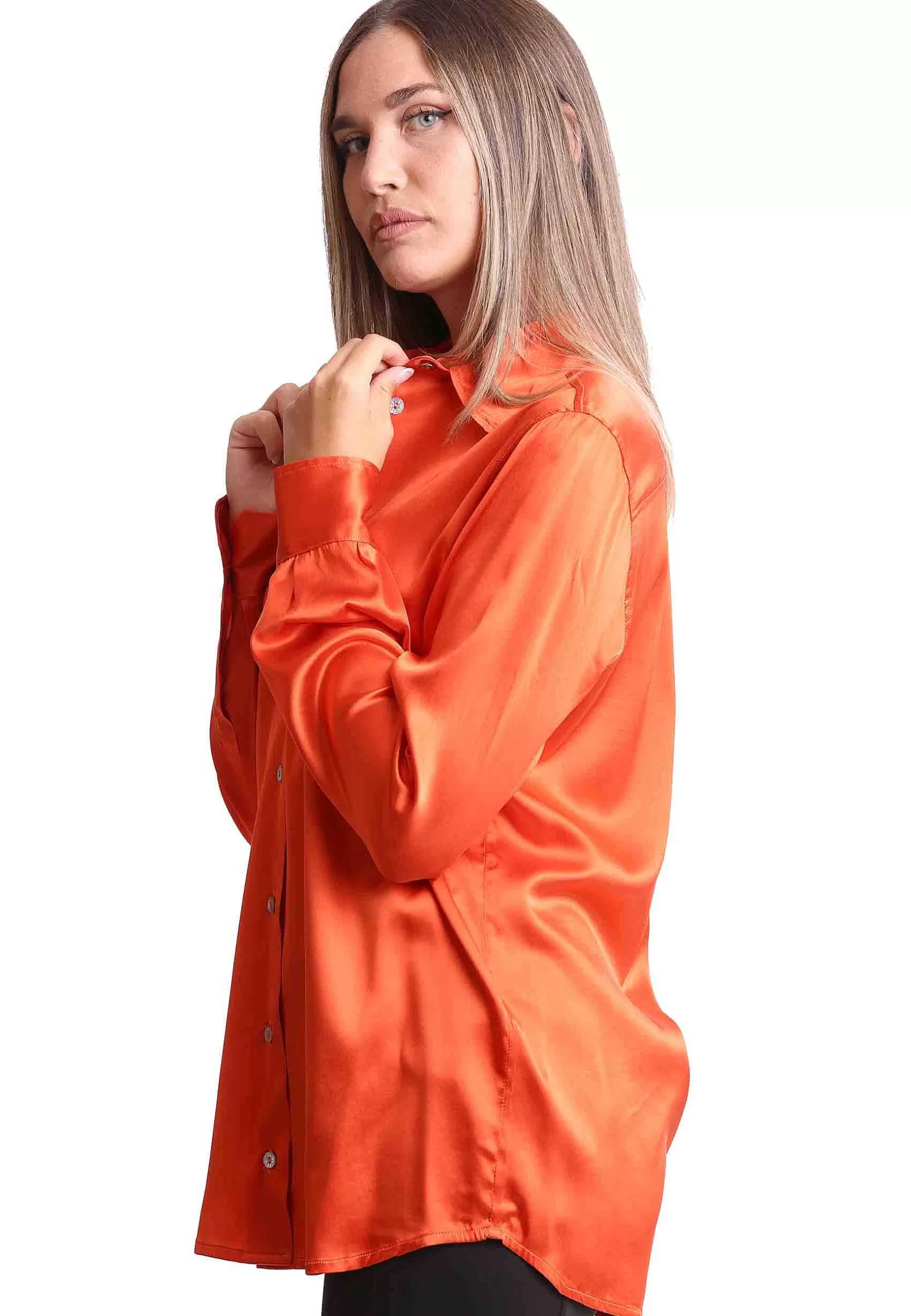 Camicie Donna Silk Satin In Seta Arancione Con Maniche Lunghe*Maliparmi Clearance