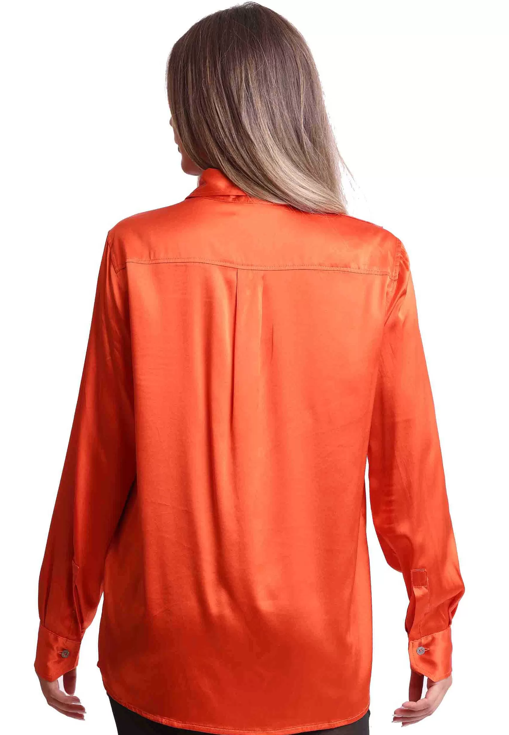 Camicie Donna Silk Satin In Seta Arancione Con Maniche Lunghe*Maliparmi Clearance