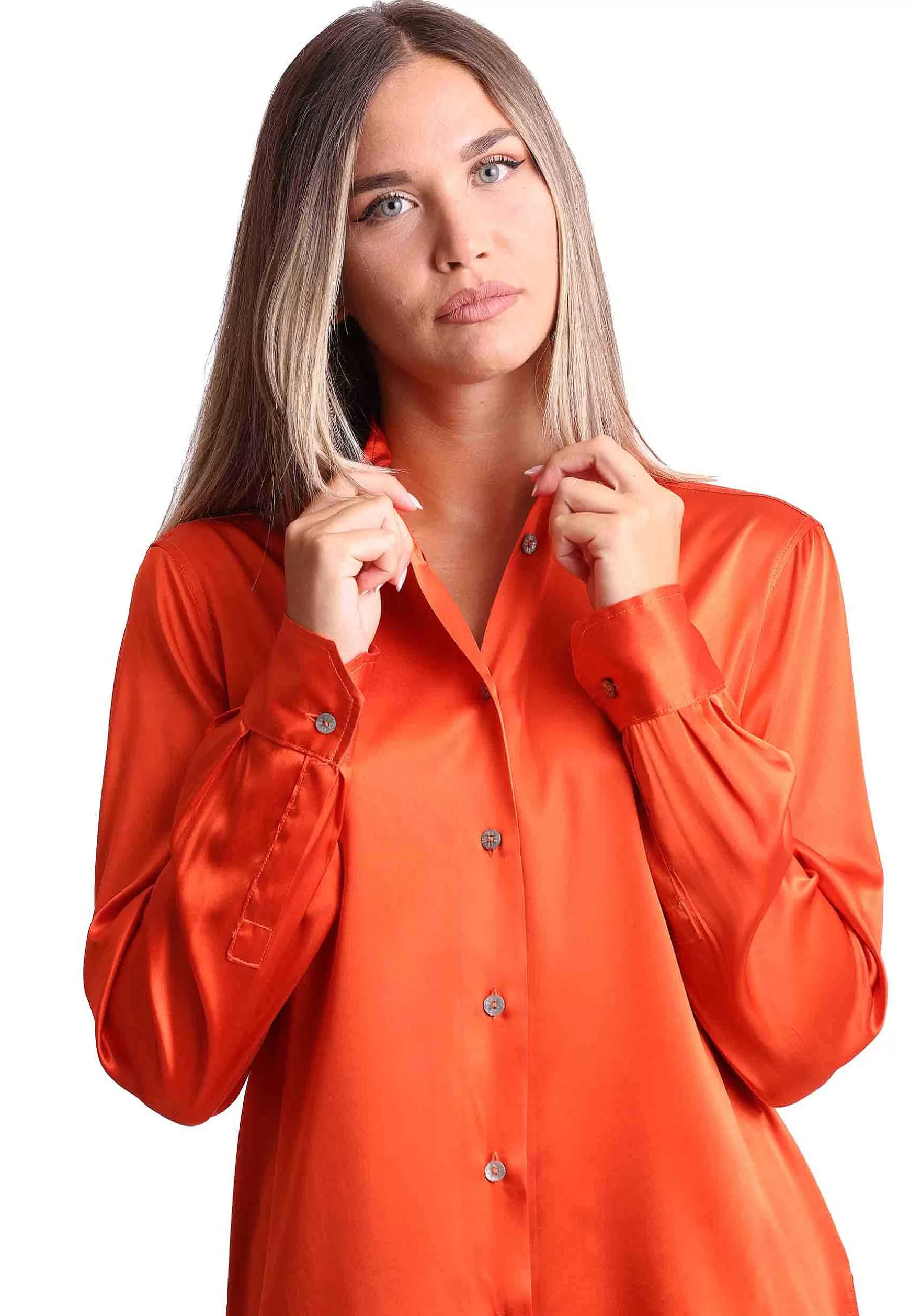 Camicie Donna Silk Satin In Seta Arancione Con Maniche Lunghe*Maliparmi Clearance