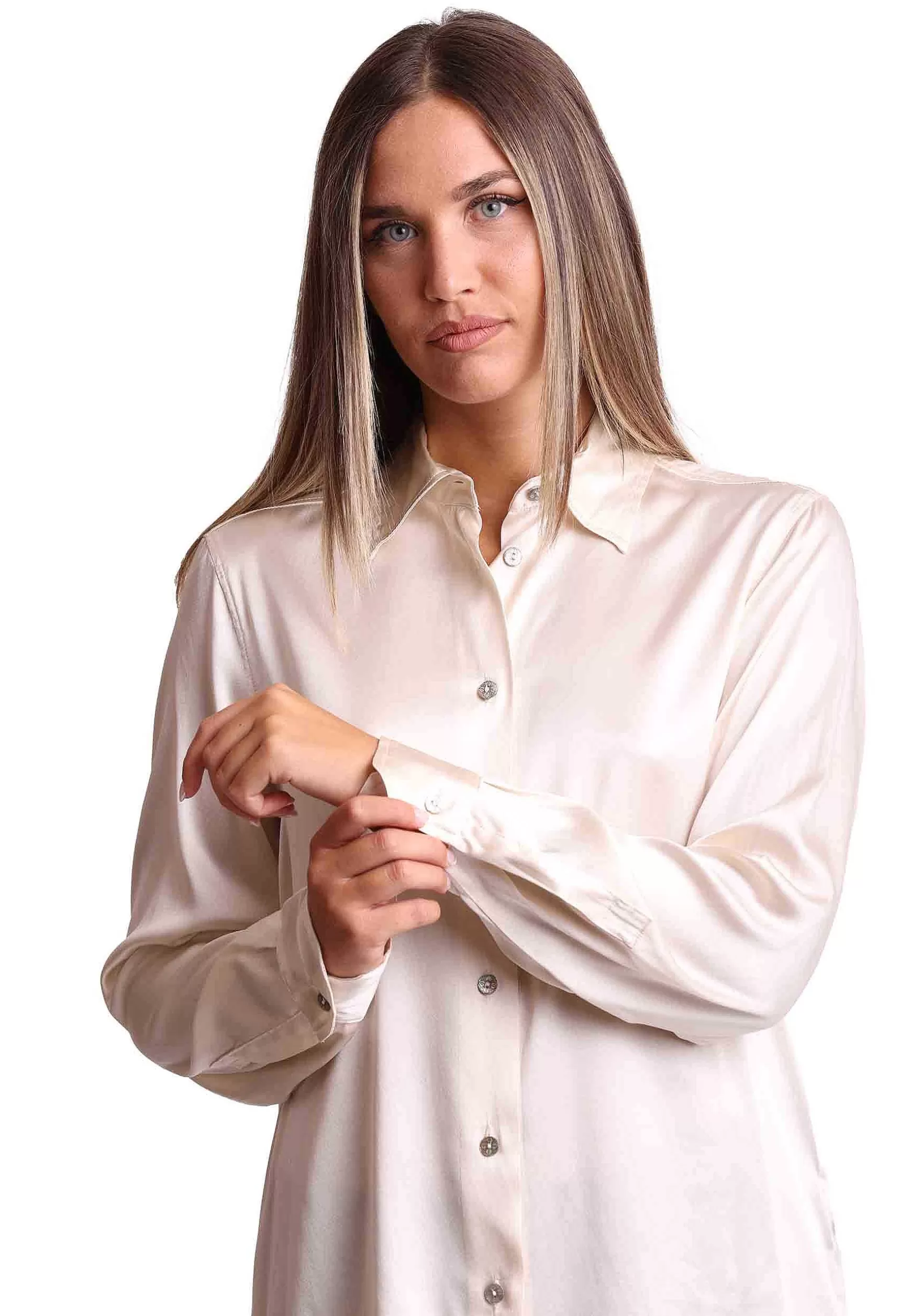 Camicie Donna Silk Satin In Seta Avorio Con Maniche Lunghe*Maliparmi Shop