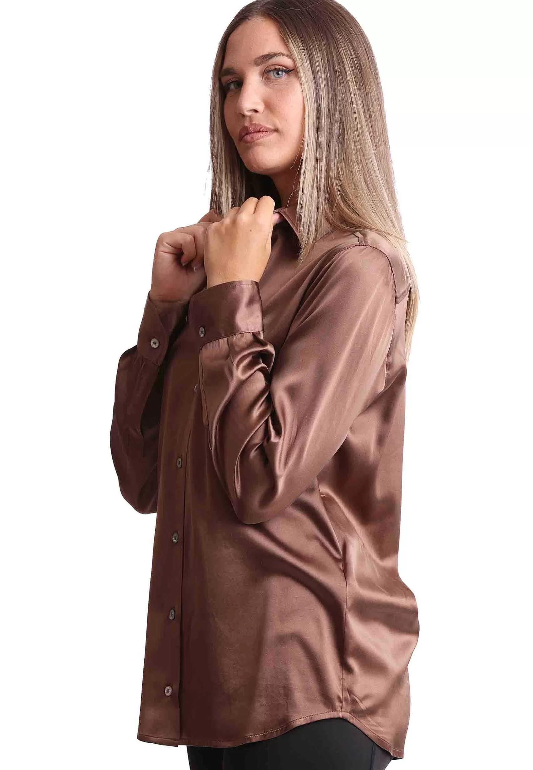 Camicie Donna Silk Satin In Seta Marrone Con Maniche Lunghe*Maliparmi Best Sale
