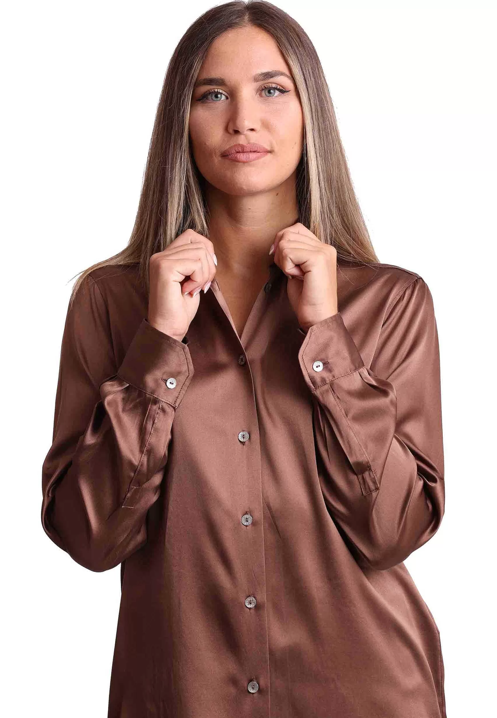 Camicie Donna Silk Satin In Seta Marrone Con Maniche Lunghe*Maliparmi Best Sale