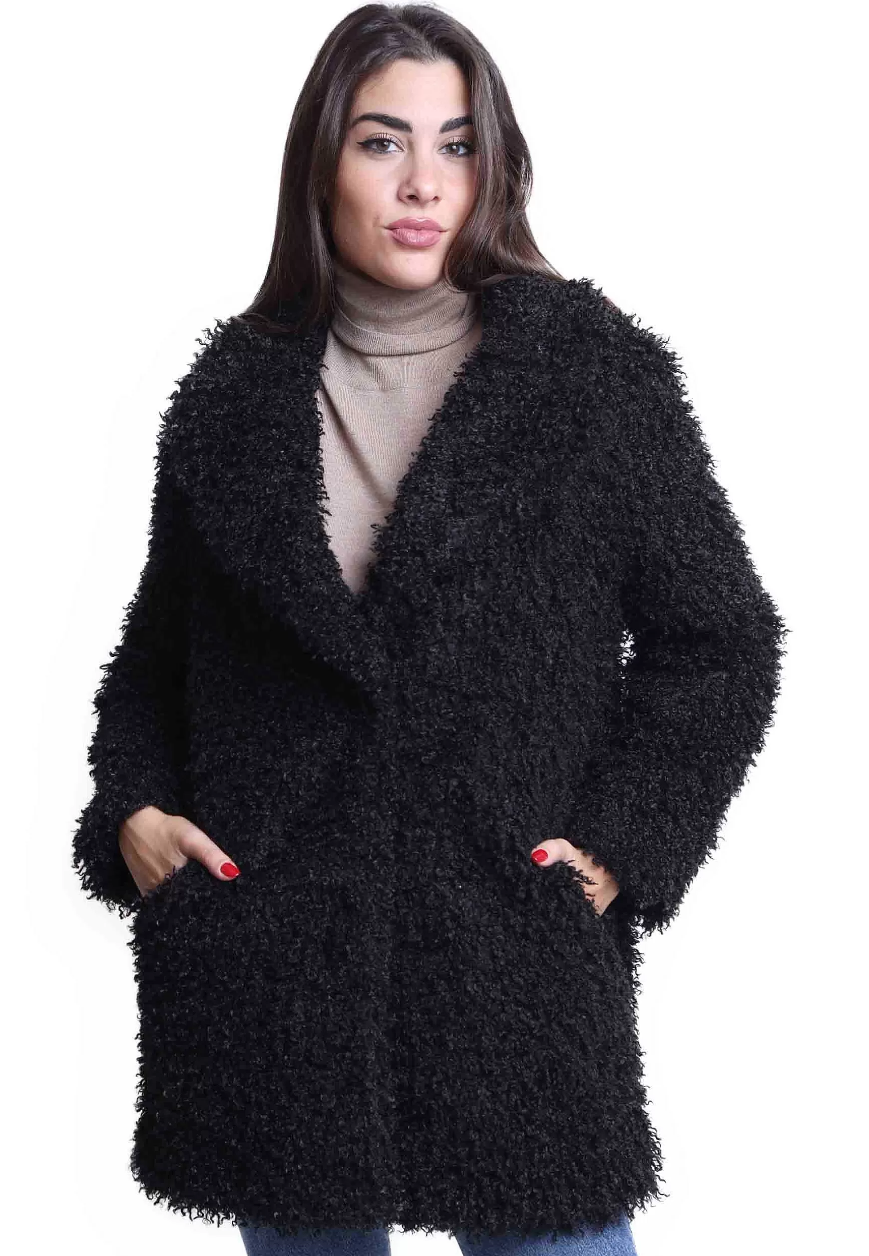 Cappotti Teddy Donna In Eco Fur Nero Con Ampio Monopetto Un Bottone** Online
