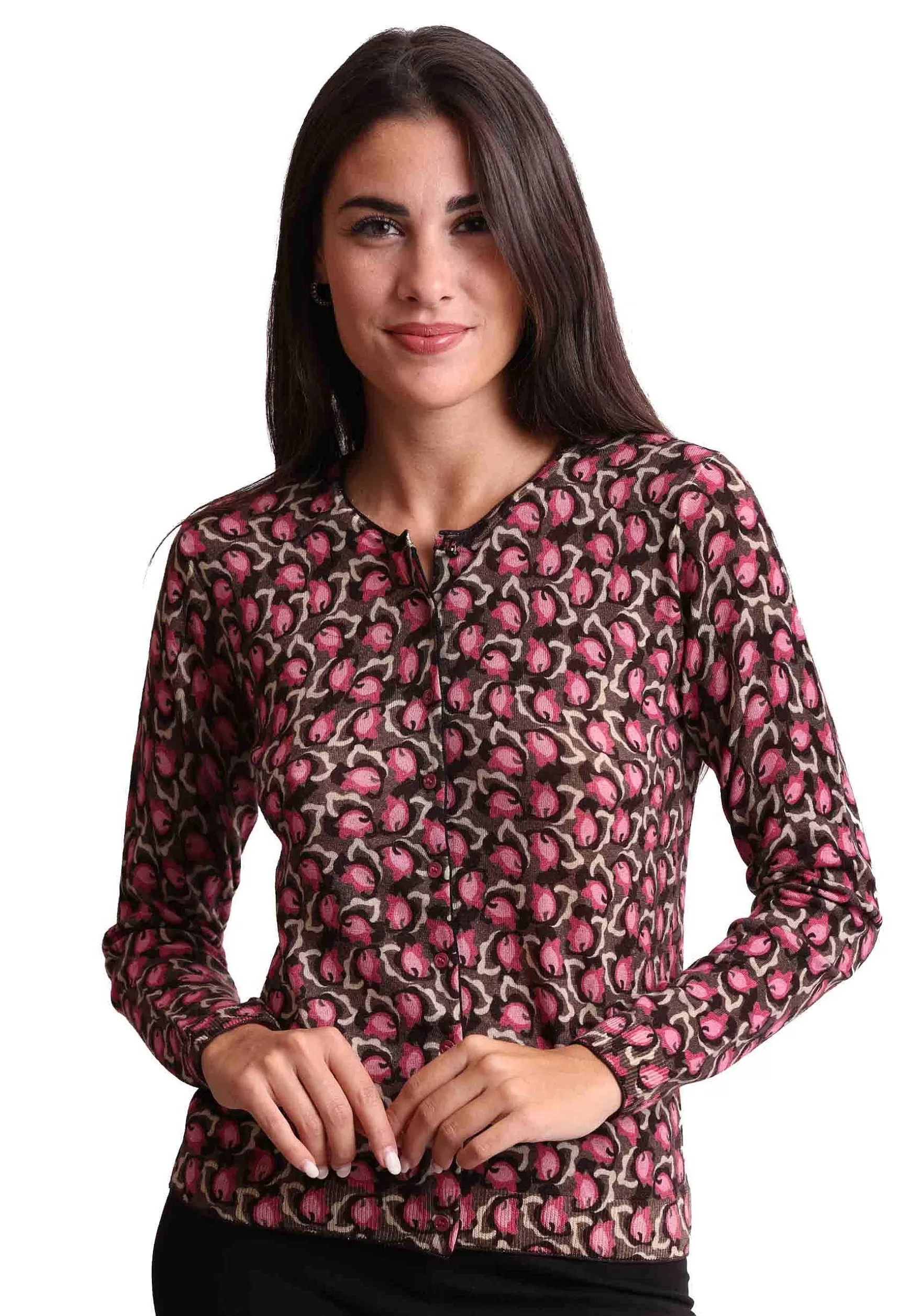 Cardigan Donna Camo Leaves In Lana Merinos Girocollo Rosa A Fantasia*Maliparmi Discount