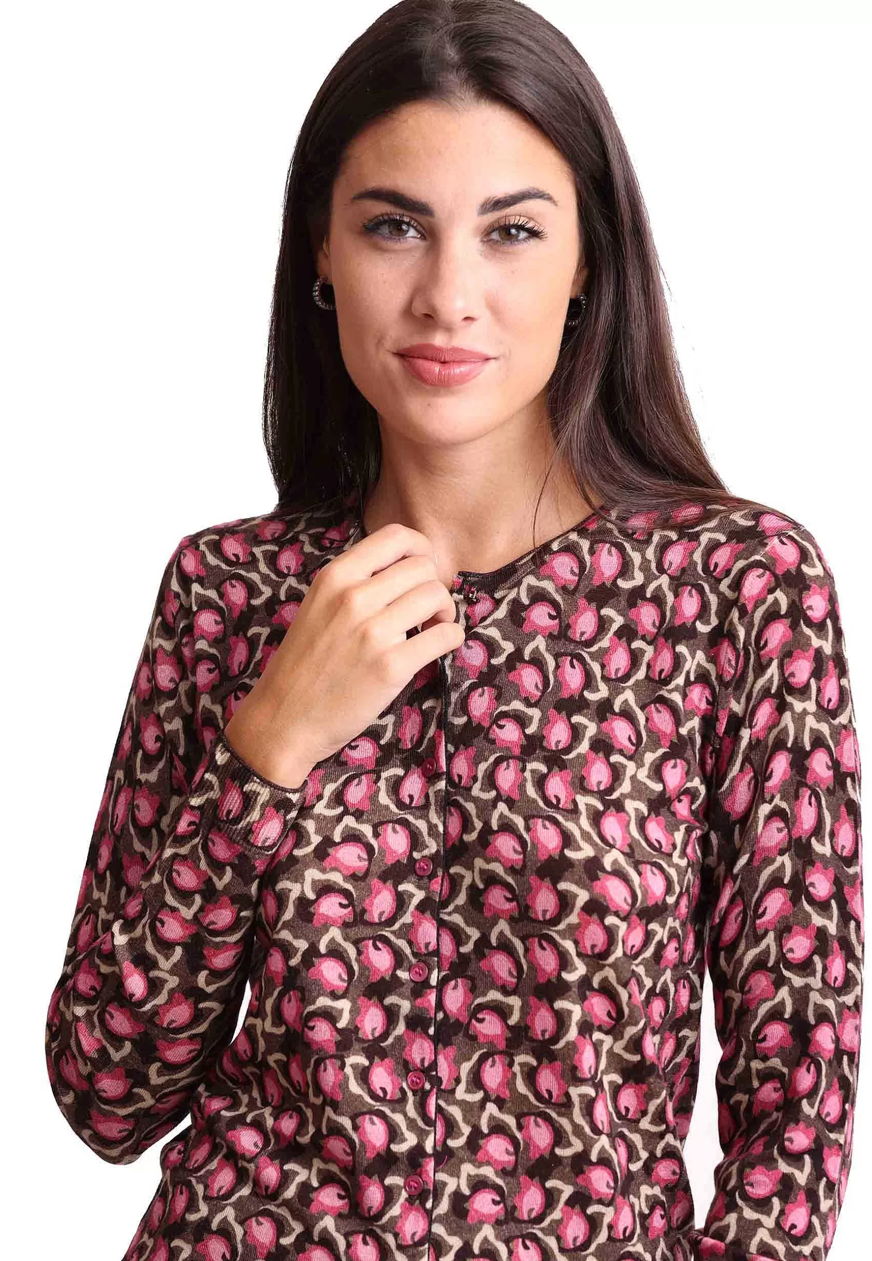 Cardigan Donna Camo Leaves In Lana Merinos Girocollo Rosa A Fantasia*Maliparmi Discount