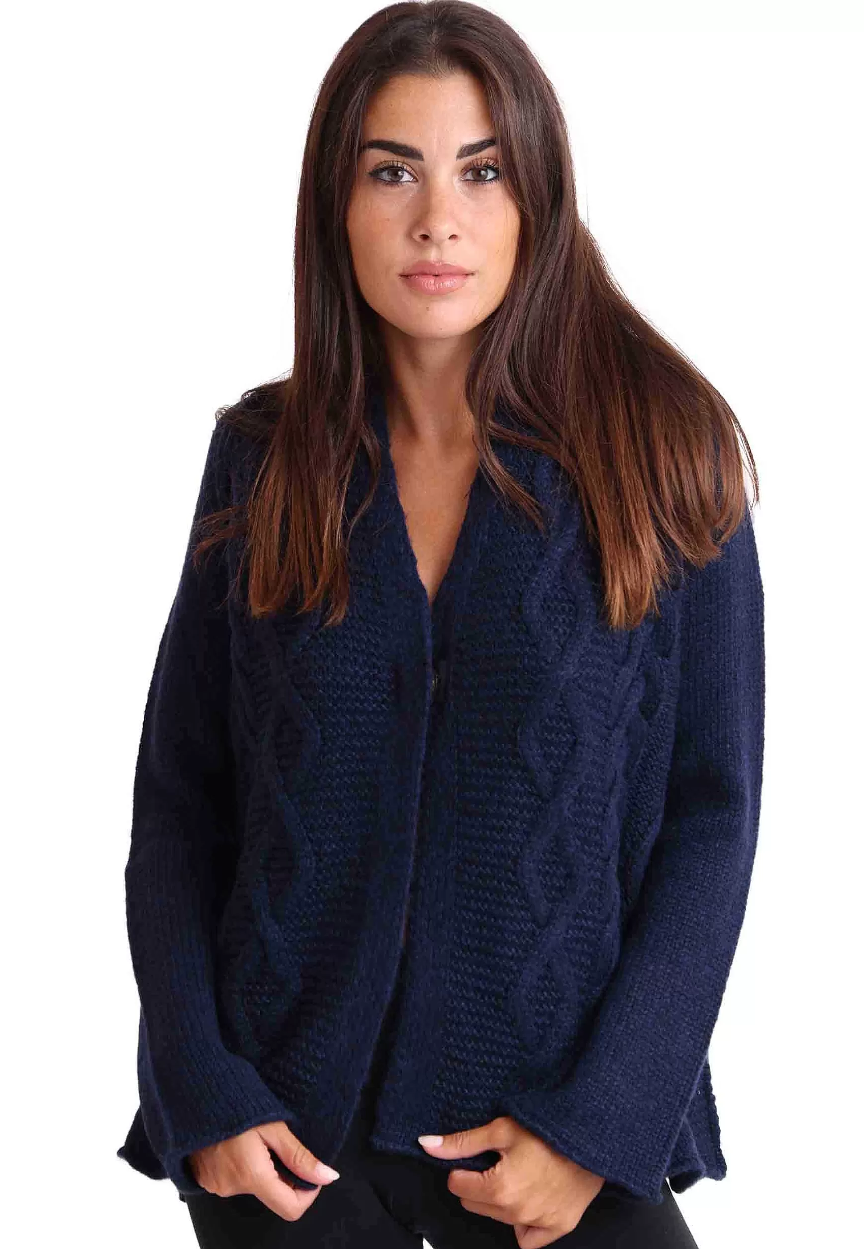Cardigan Donna In Lana Blu Con Trecce Maniche Lunghe E Bottoni A Scomparsa*TreBarraBi Store