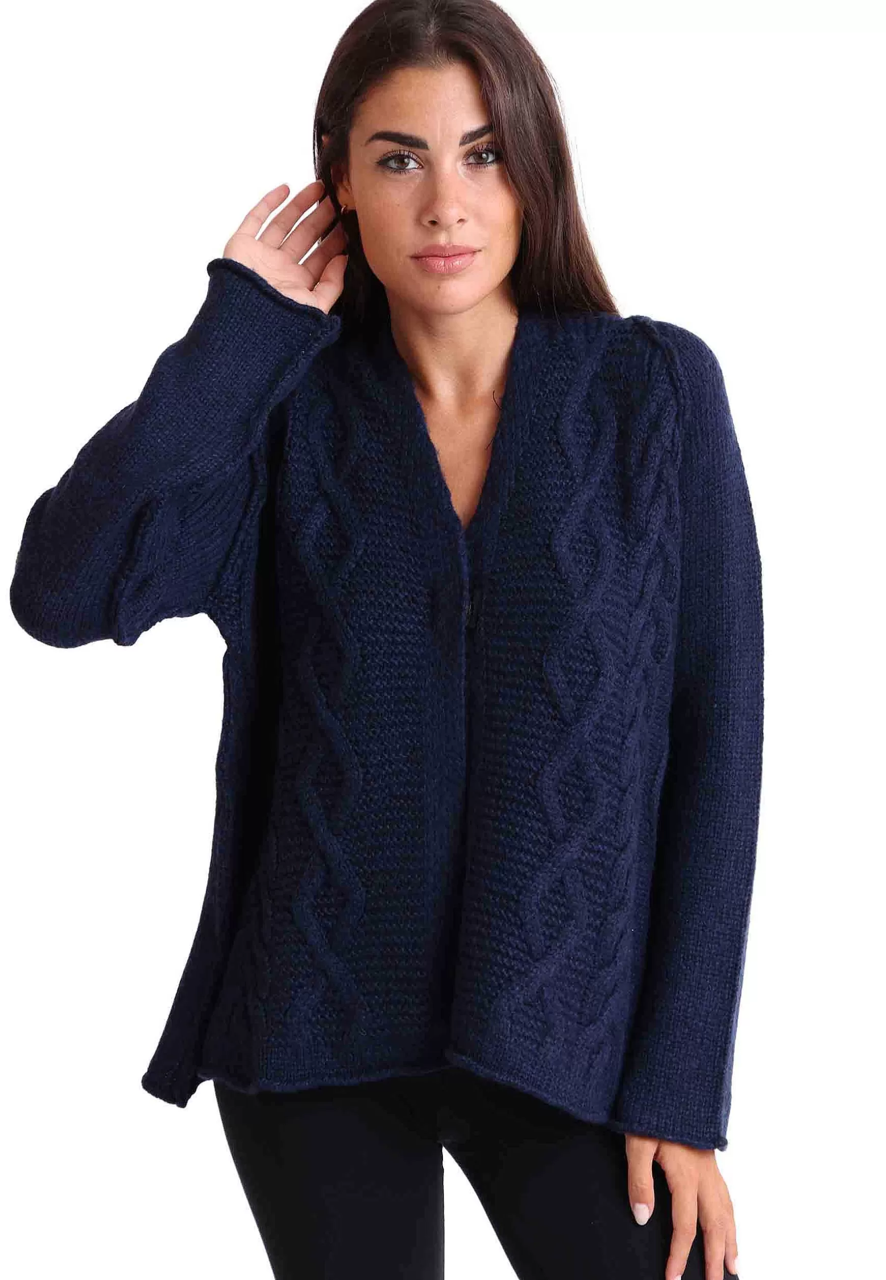 Cardigan Donna In Lana Blu Con Trecce Maniche Lunghe E Bottoni A Scomparsa*TreBarraBi Store