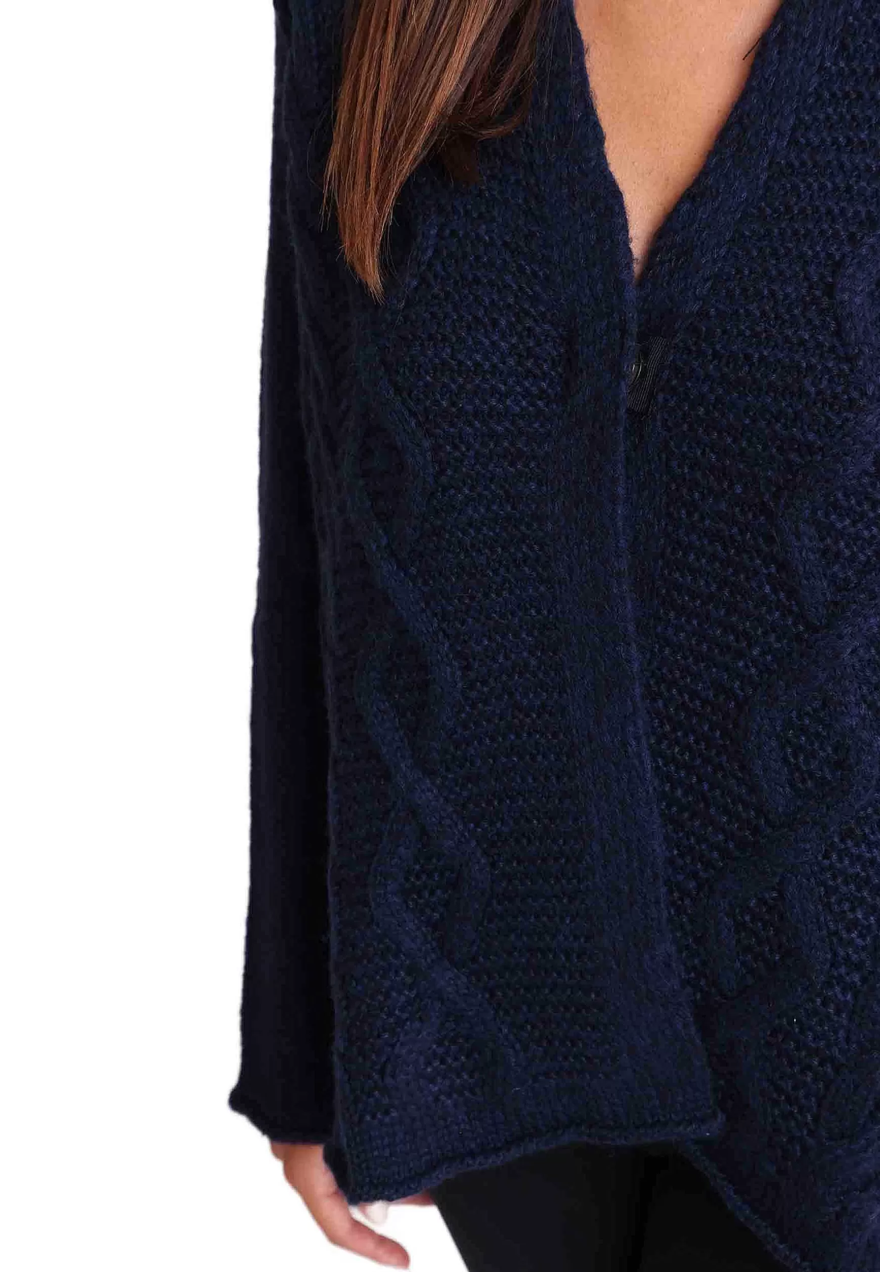 Cardigan Donna In Lana Blu Con Trecce Maniche Lunghe E Bottoni A Scomparsa*TreBarraBi Store