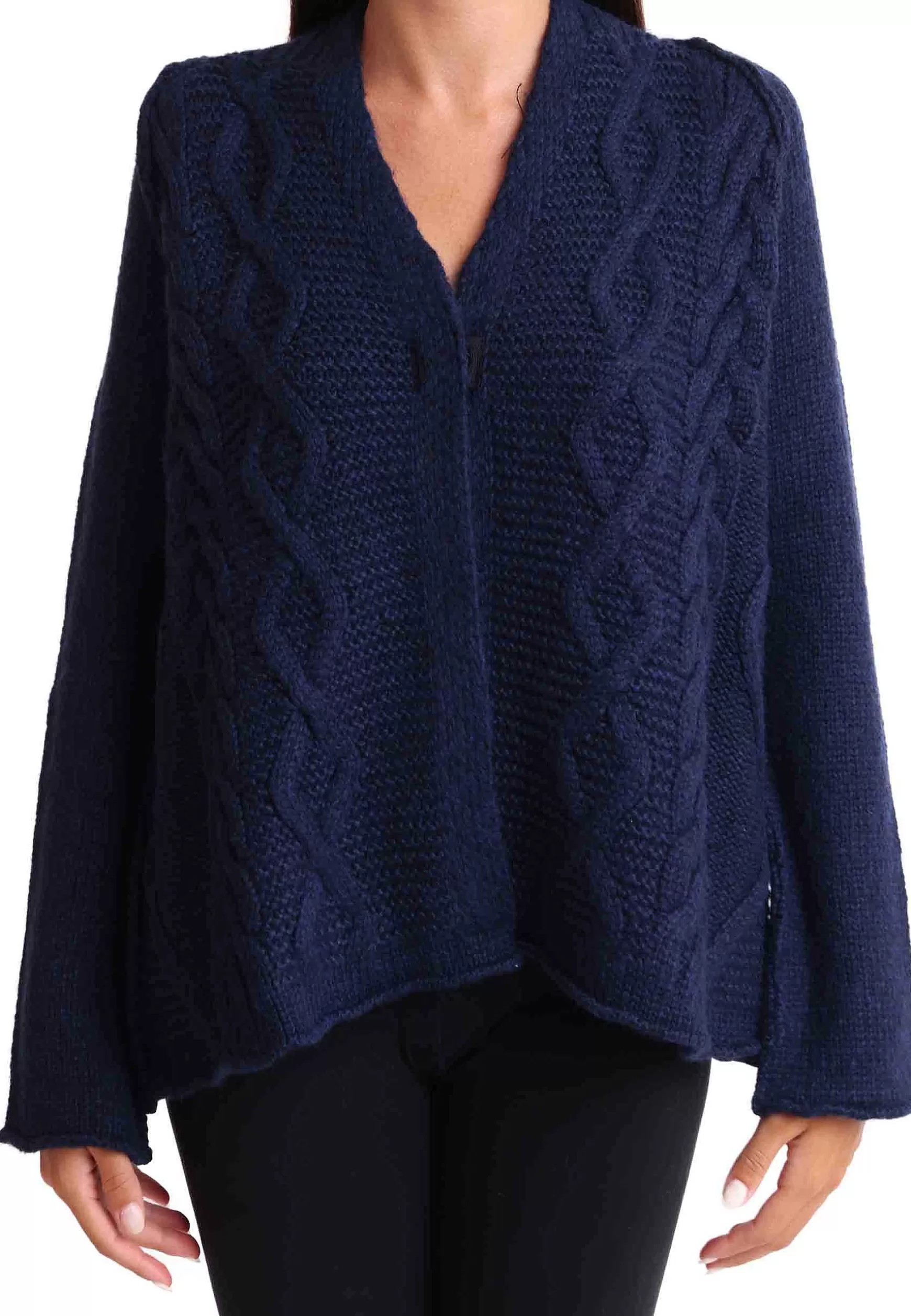 Cardigan Donna In Lana Blu Con Trecce Maniche Lunghe E Bottoni A Scomparsa*TreBarraBi Store