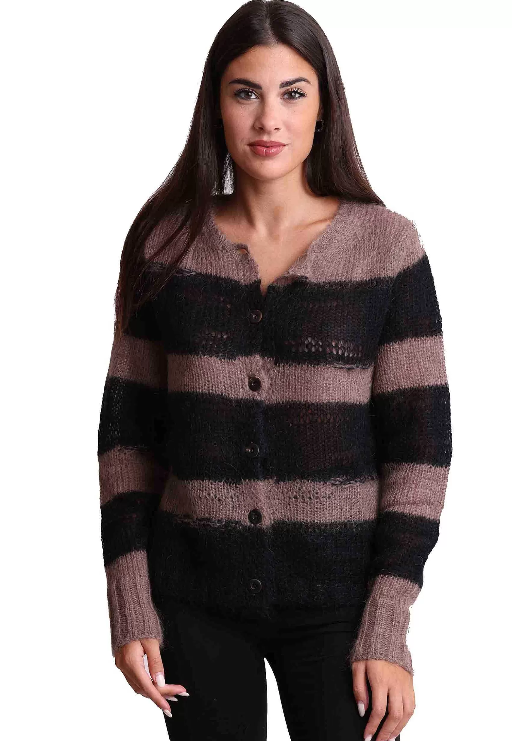 Cardigan Donna Lurex Stripes In Lana Mohair Nero E Beige*Maliparmi Cheap