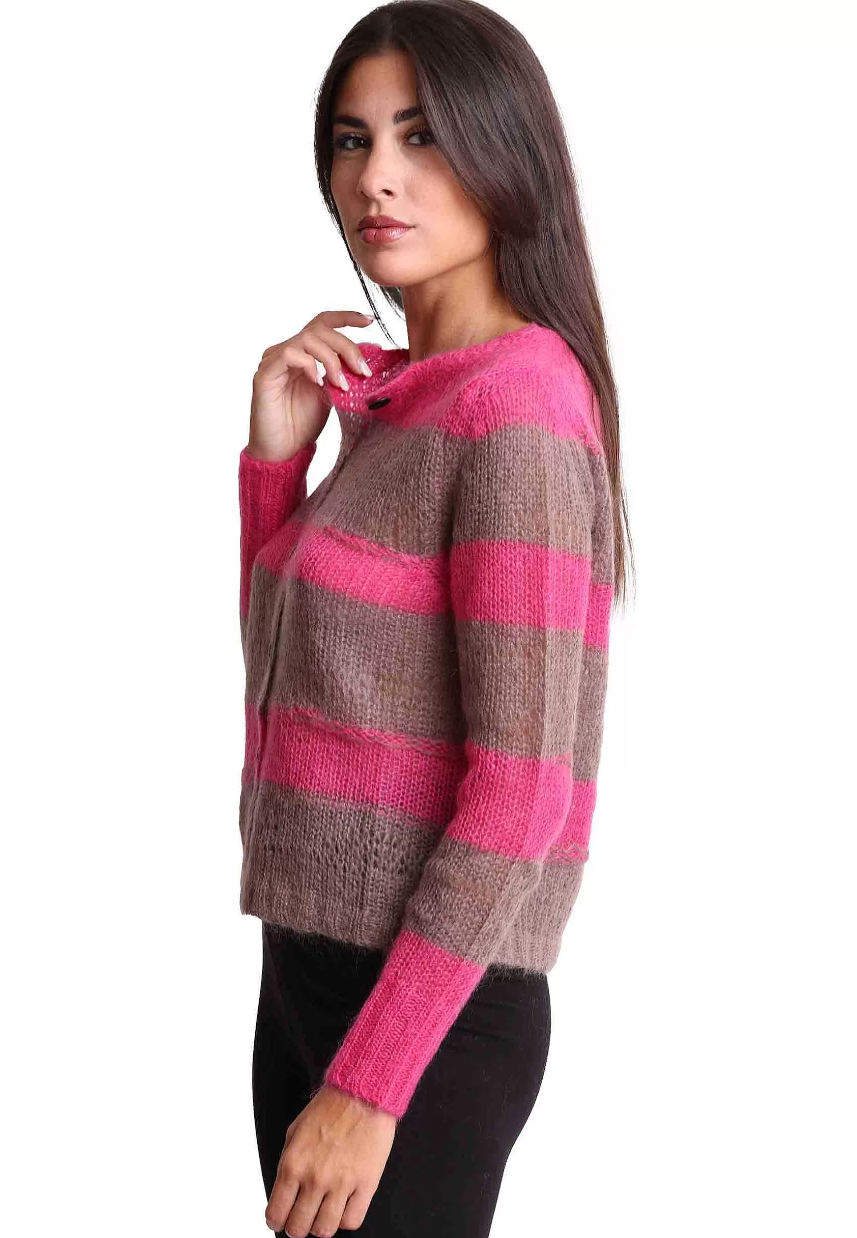 Cardigan Donna Lurex Stripes In Lana Mohair Rosa E Beige*Maliparmi Clearance
