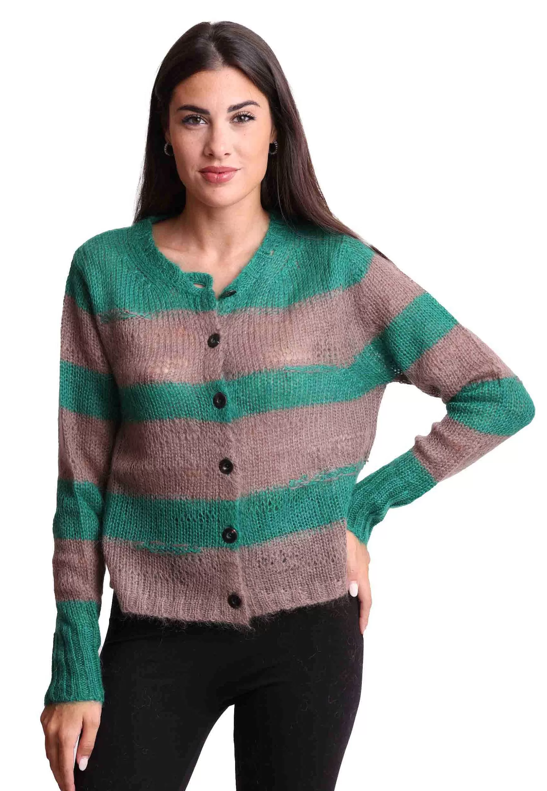Cardigan Donna Lurex Stripes In Lana Mohair Verde E Beige*Maliparmi Sale