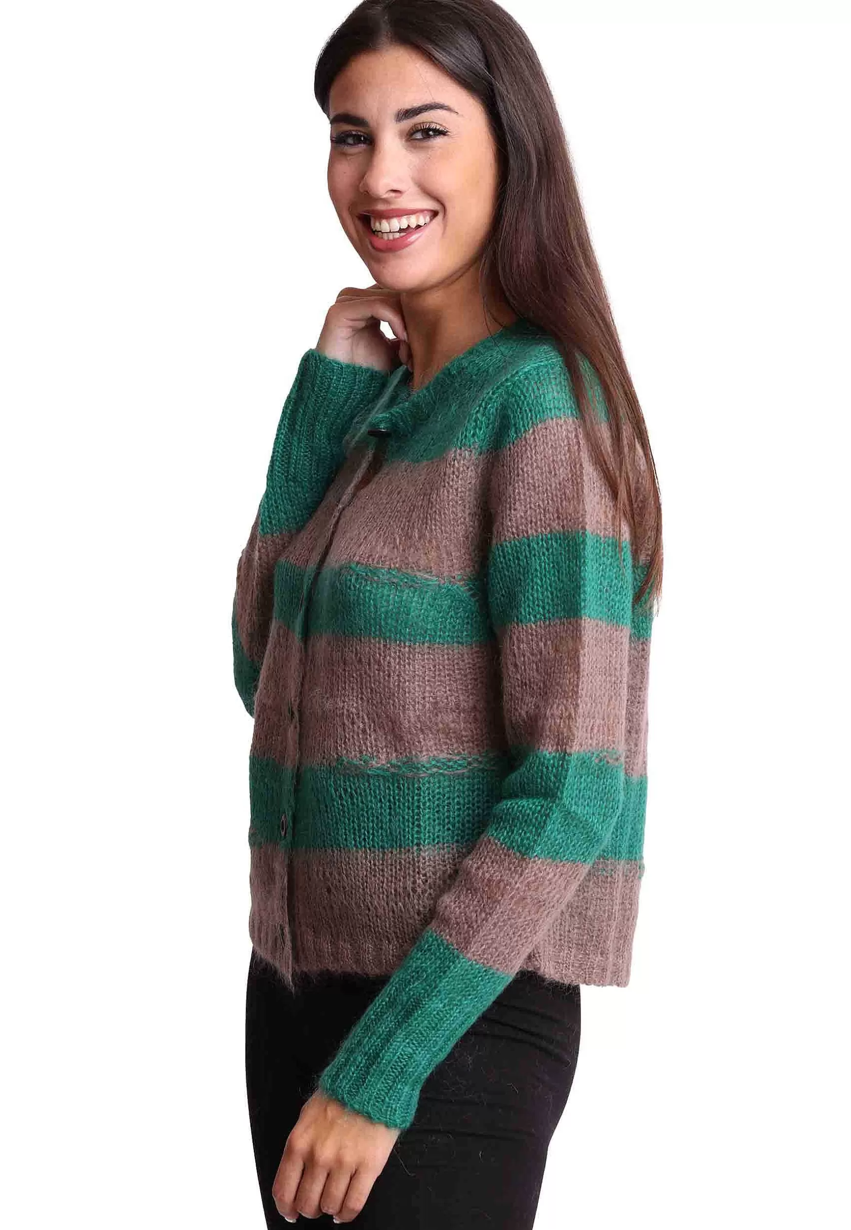 Cardigan Donna Lurex Stripes In Lana Mohair Verde E Beige*Maliparmi Sale
