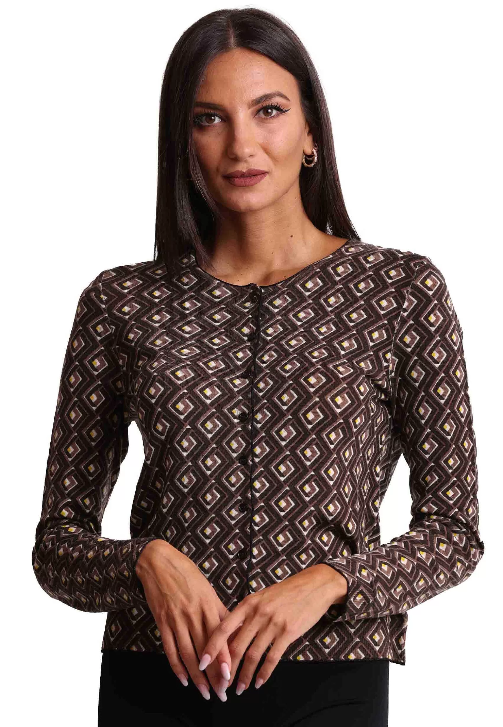 Cardigan Donna Merinos In Lana Merinos Girocollo Marrone A Fantasia*Maliparmi Store