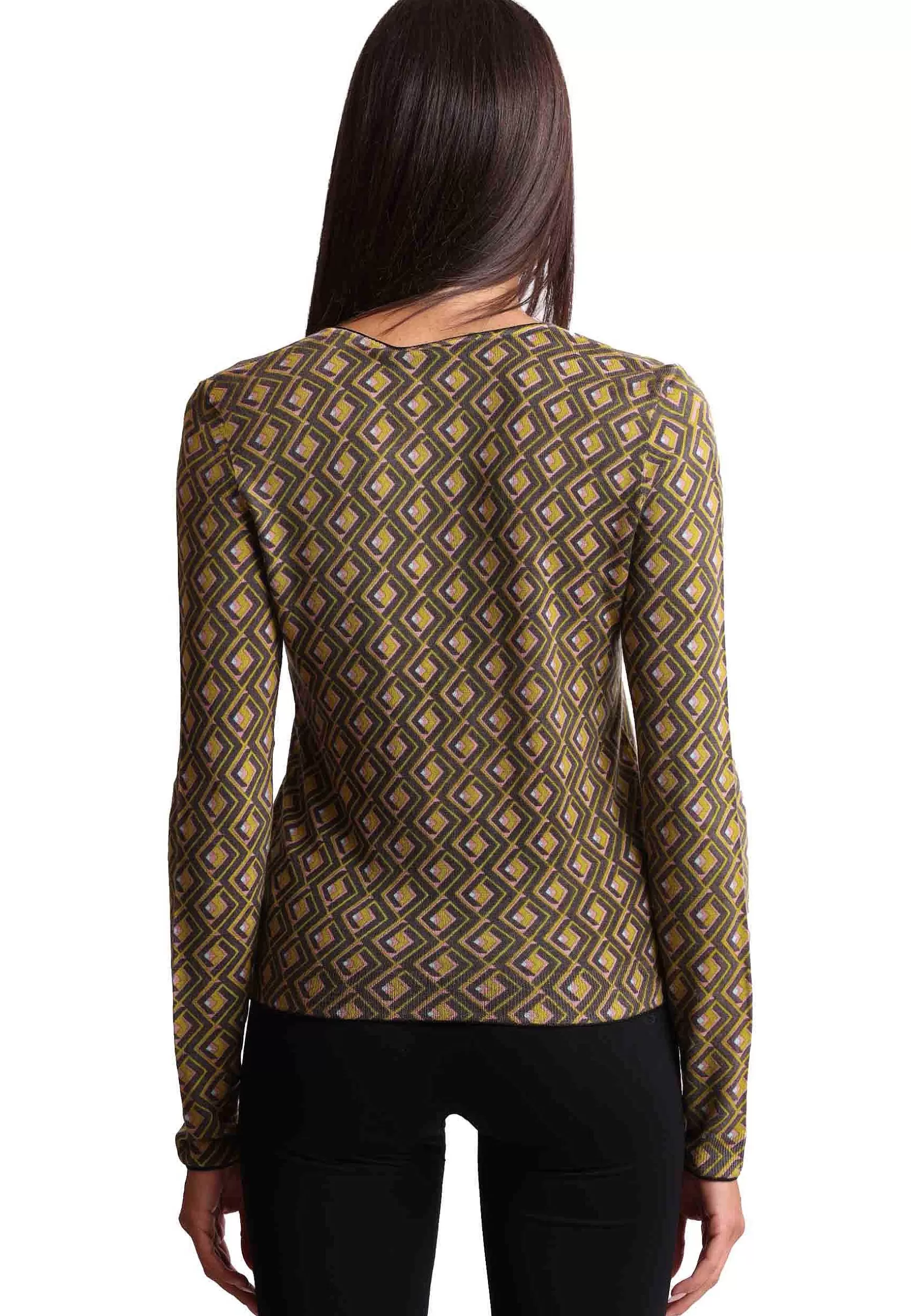 Cardigan Donna Merinos In Lana Merinos Girocollo Verde A Fantasia*Maliparmi Store