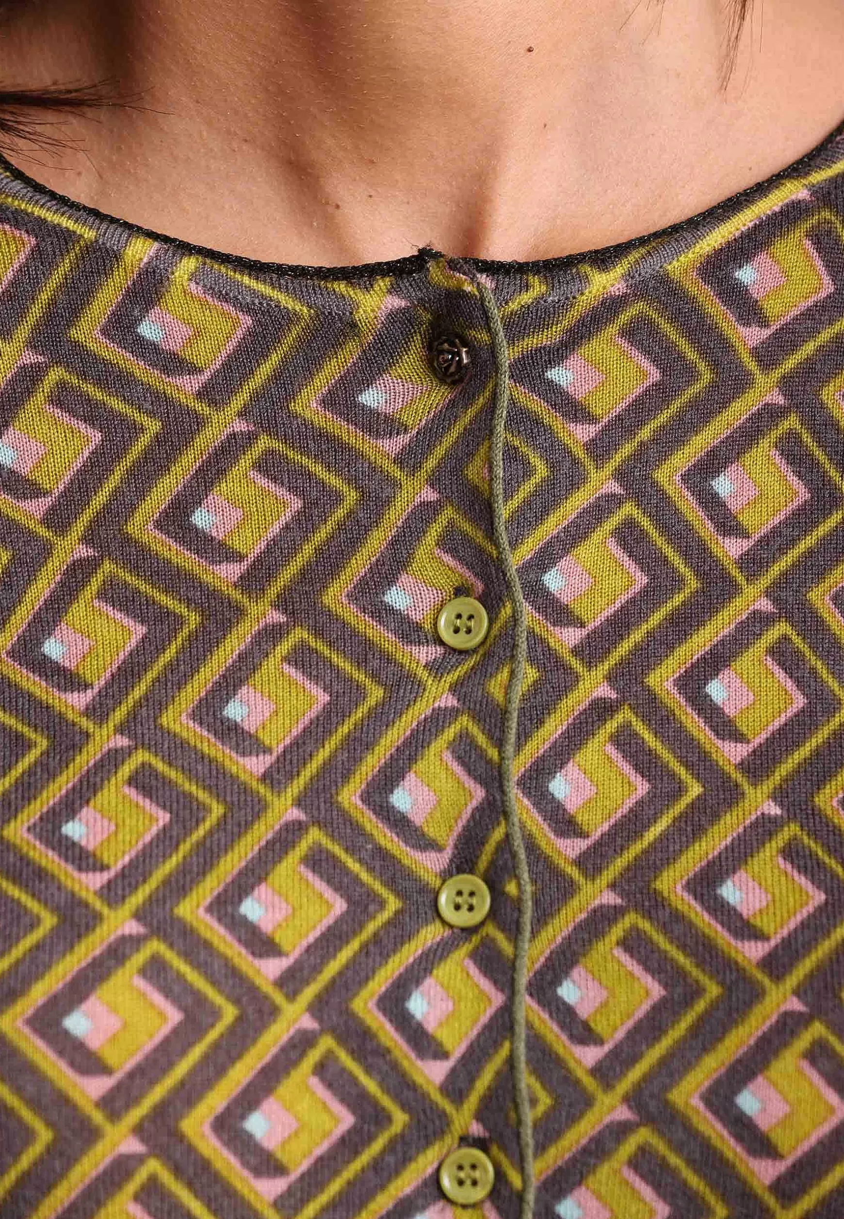 Cardigan Donna Merinos In Lana Merinos Girocollo Verde A Fantasia*Maliparmi Store
