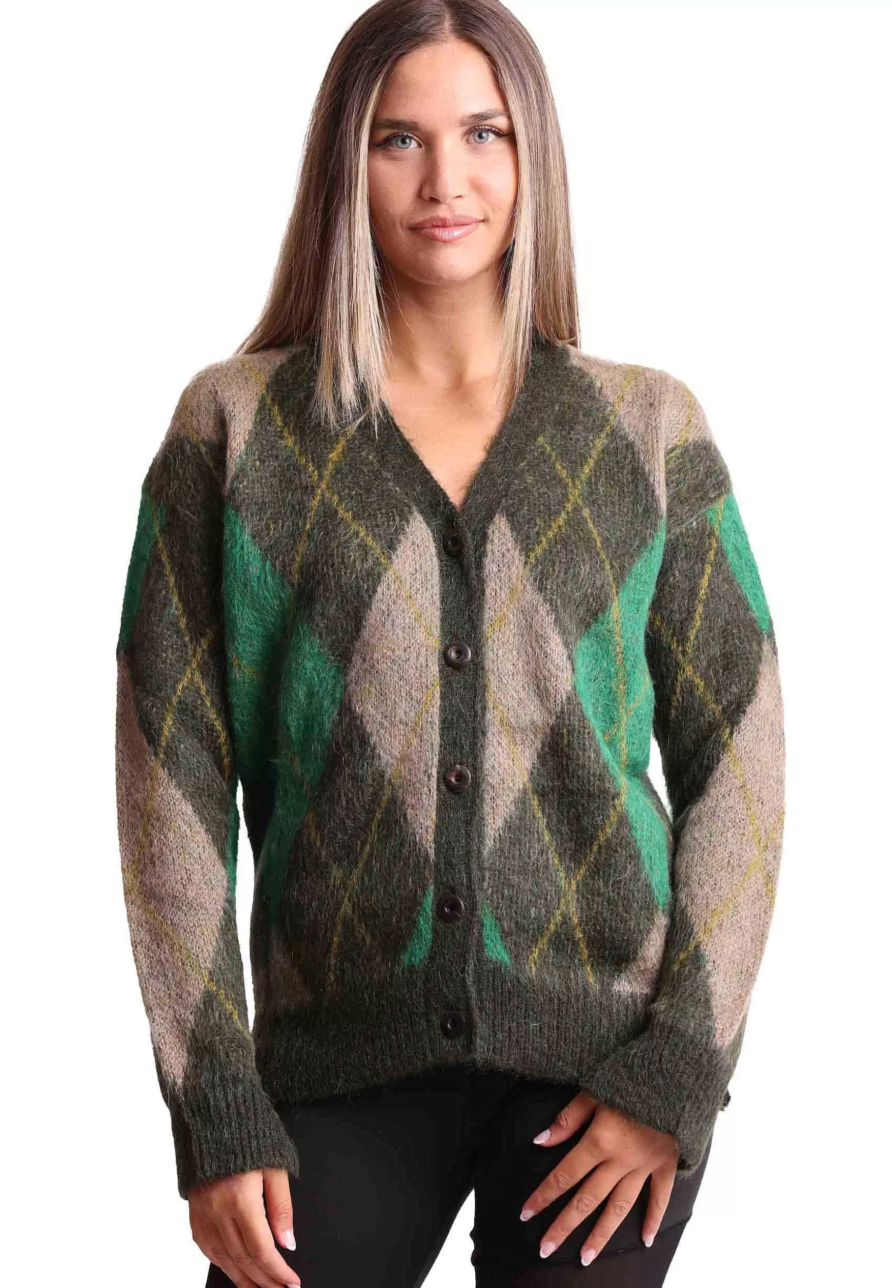 Cardigan Donna Mohair Check In Lana Marrone Con Scollo A V*Maliparmi Best Sale