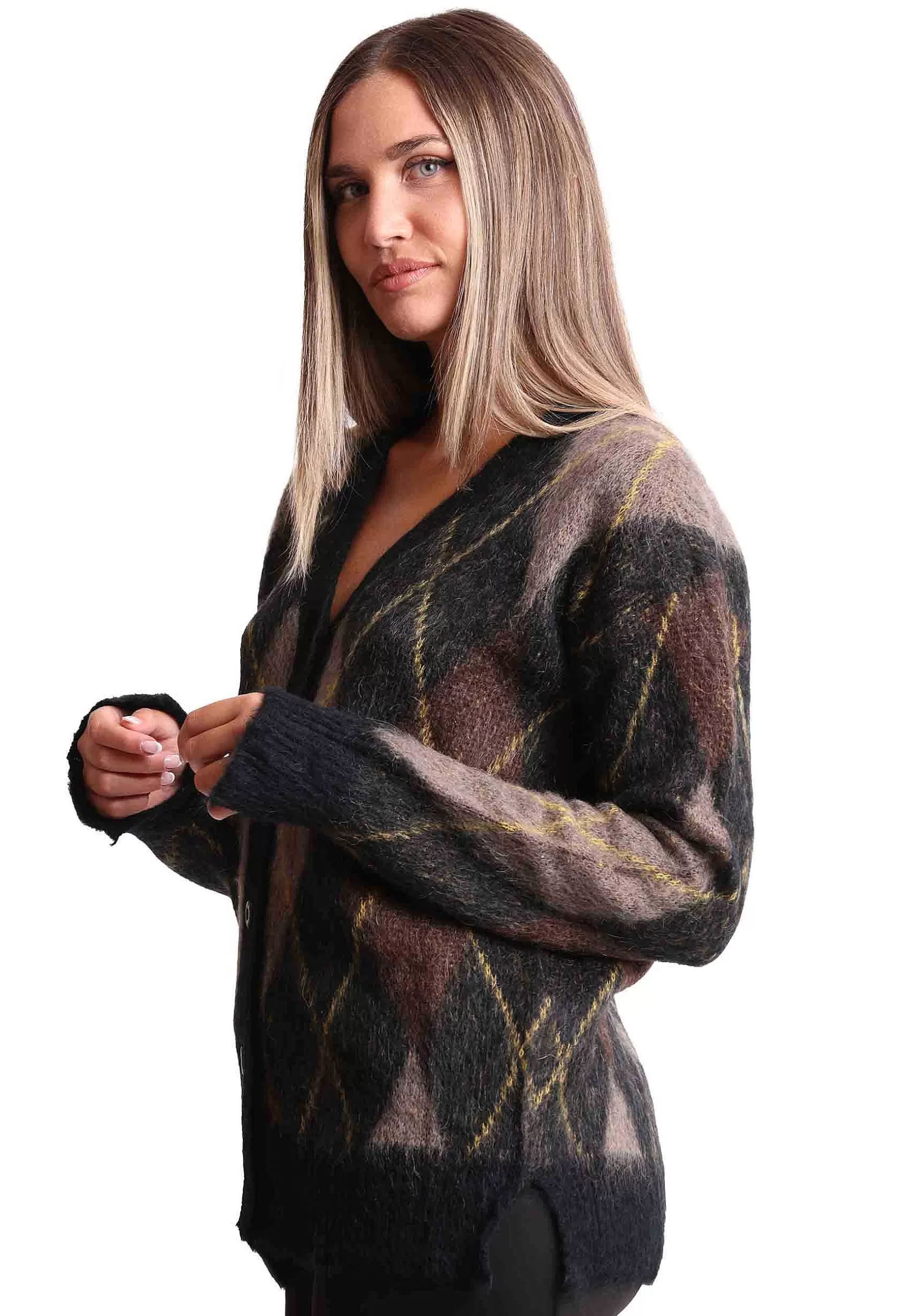 Cardigan Donna Mohair Check In Lana Nera Con Scollo A V*Maliparmi Hot
