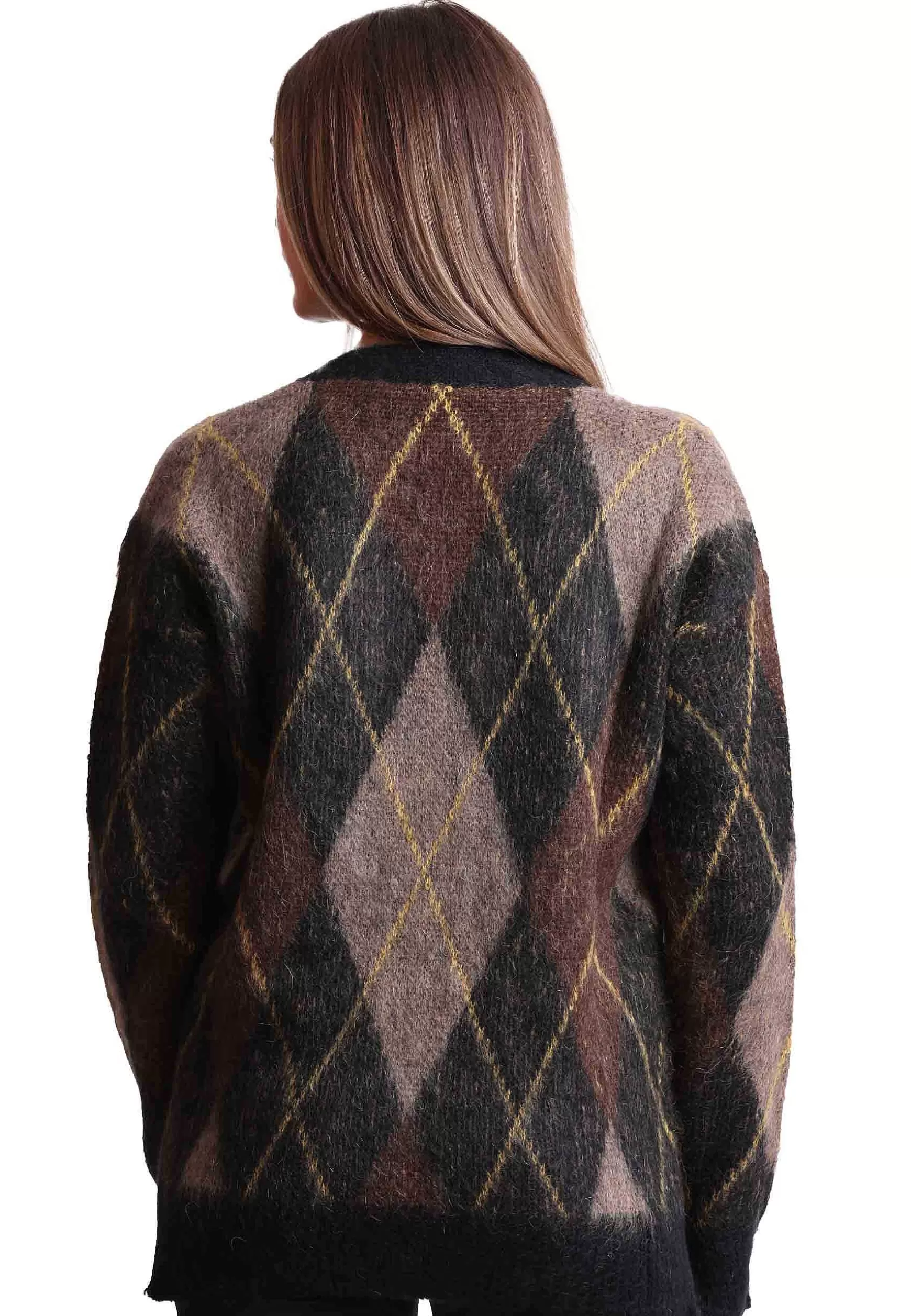 Cardigan Donna Mohair Check In Lana Nera Con Scollo A V*Maliparmi Hot