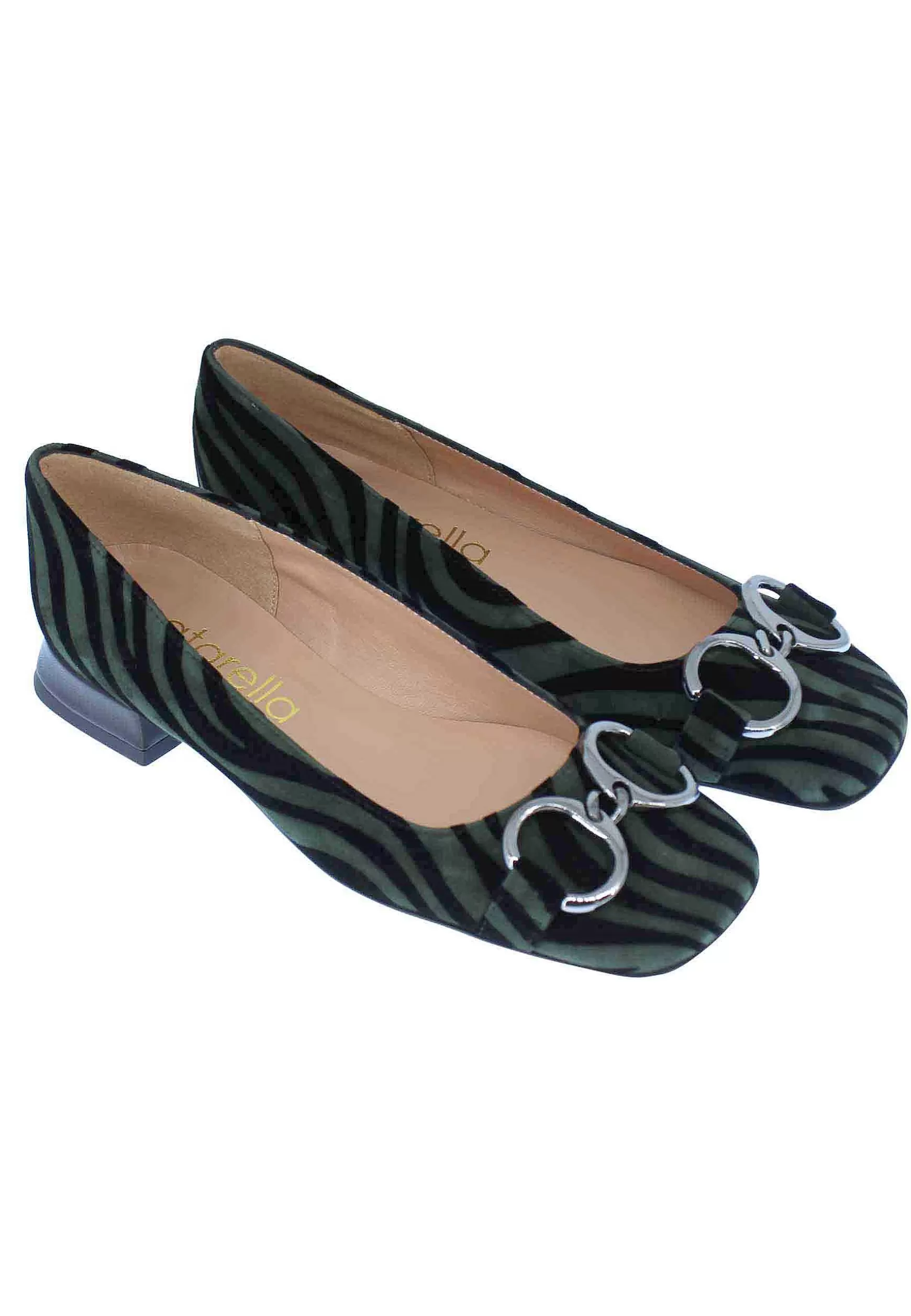Decollete Donna In Camoscio Animalier Con Morsetto In Argento E Tacco Basso** Cheap
