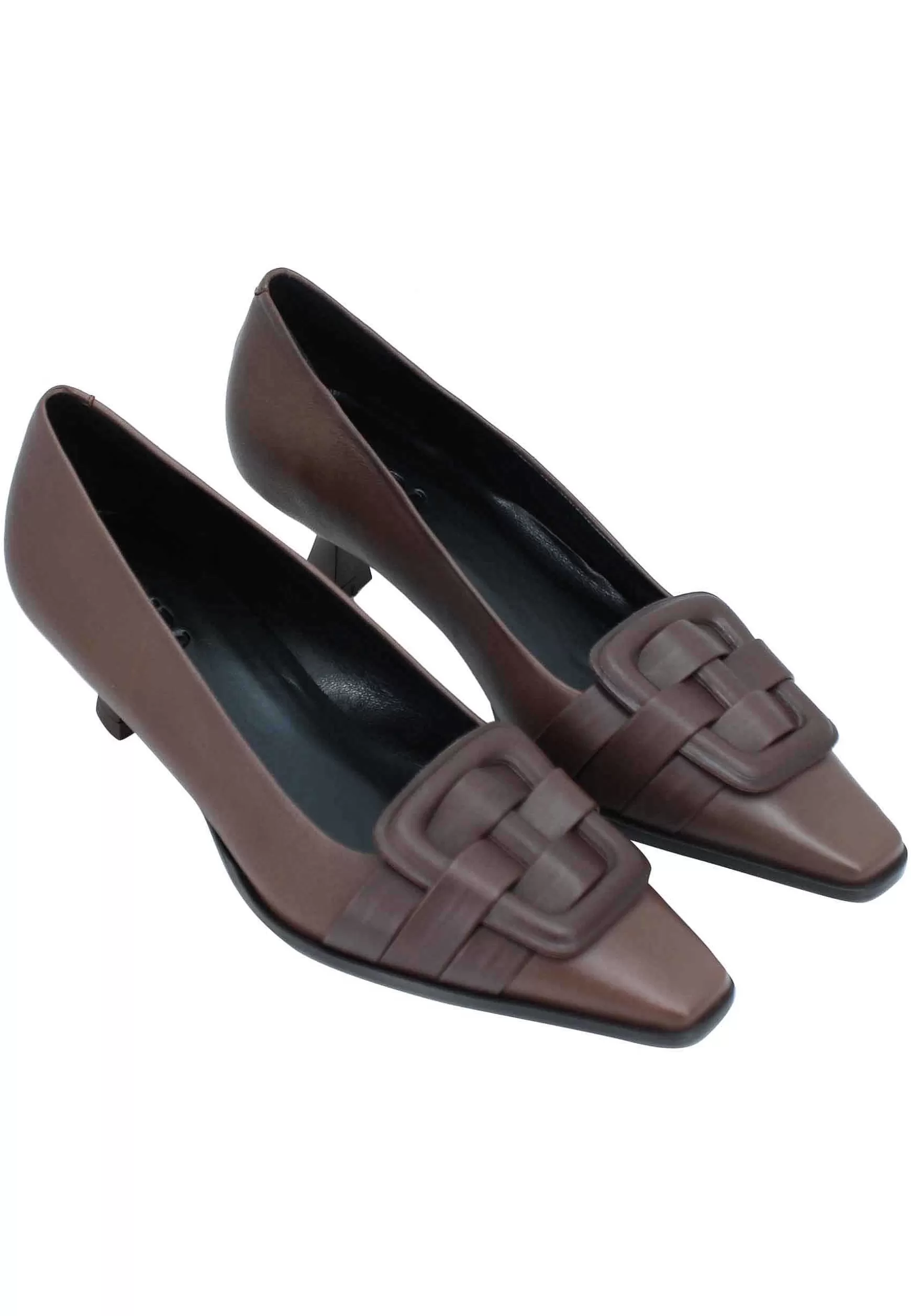 Decollete Donna In Pelle Marrone Tacco Basso Con Accessorio*Zinda Outlet