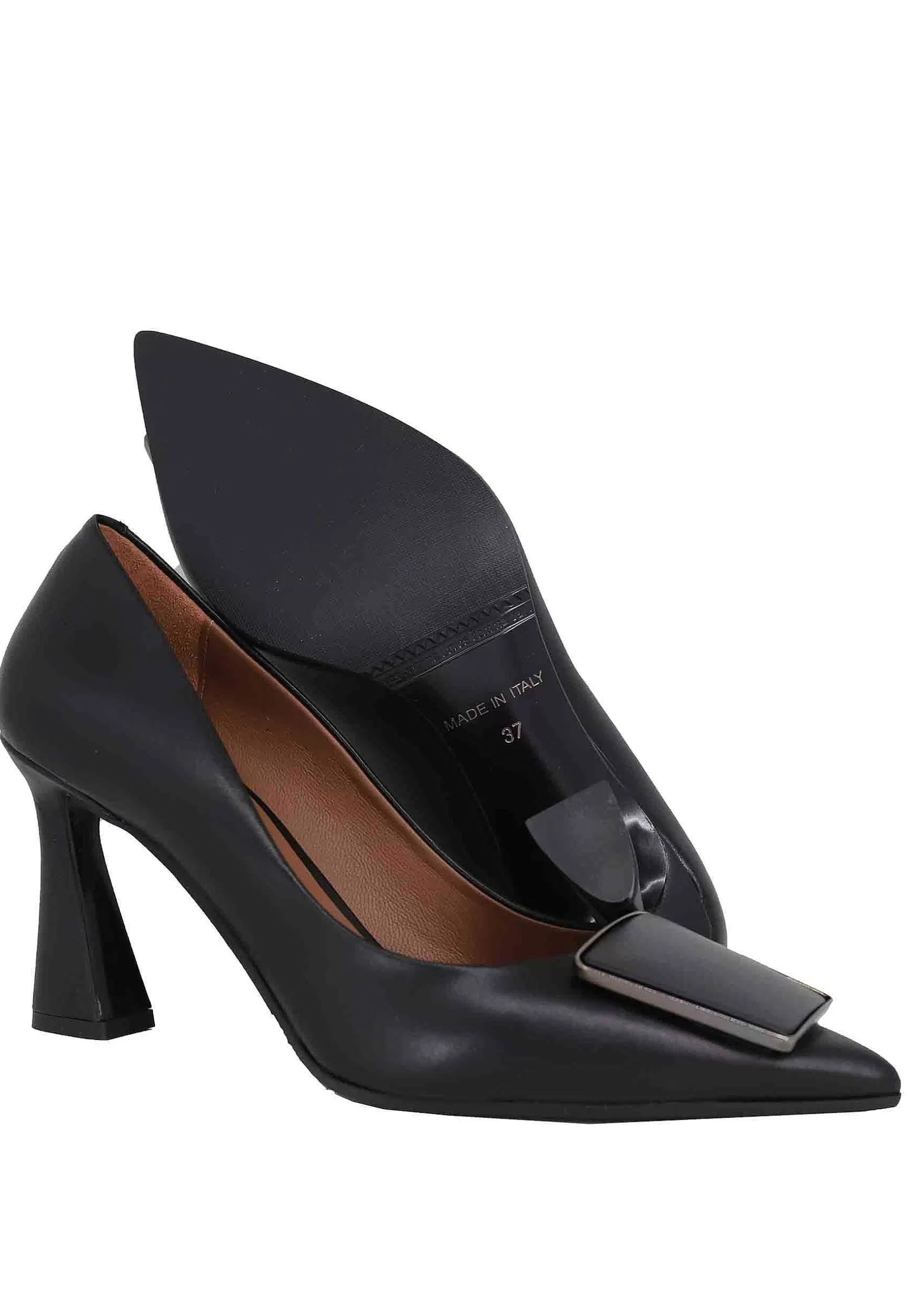 Decollete Donna In Pelle Nera Con Tacco Alto E Fibbia** New