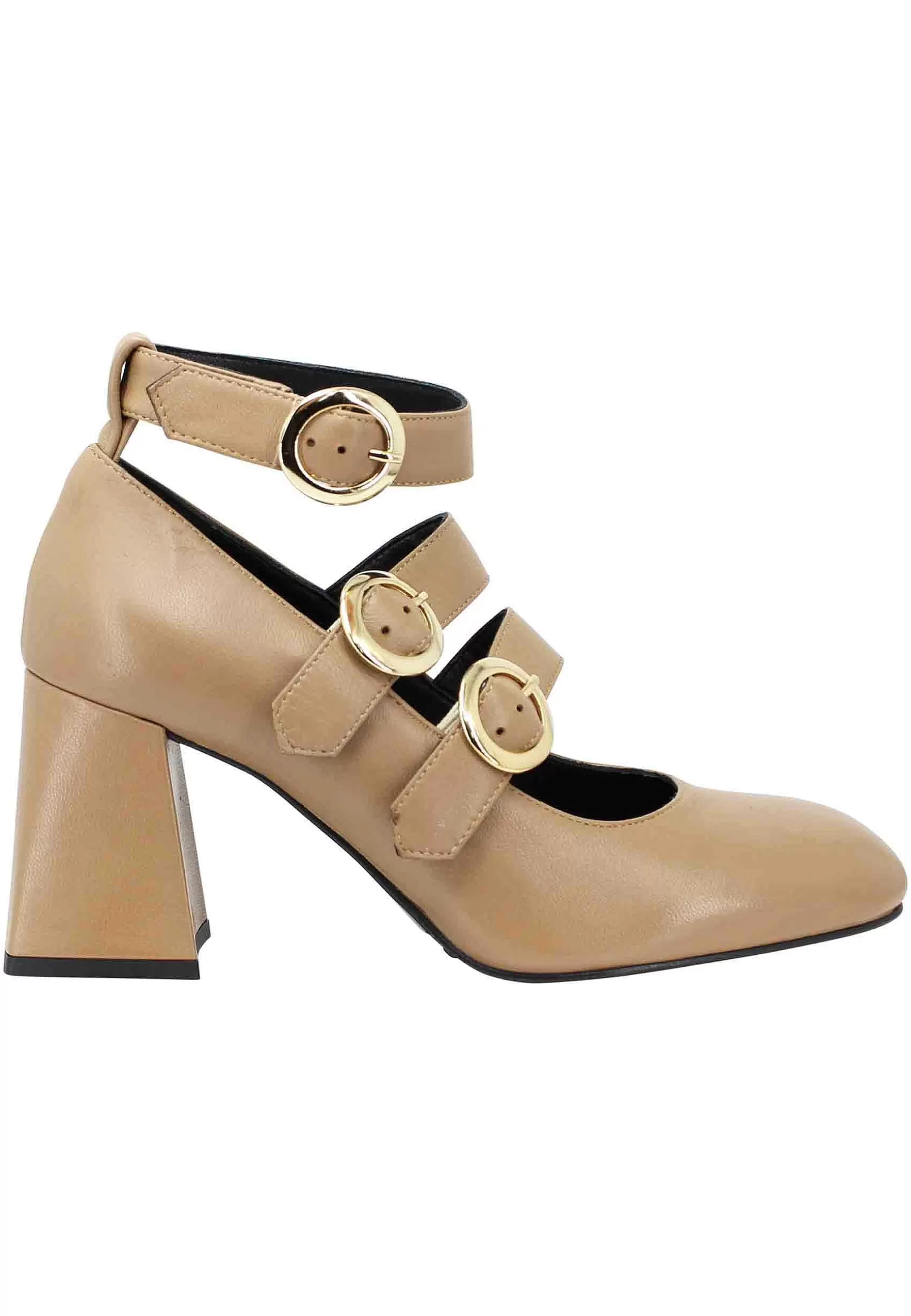Decollete Donna In Pelle Sabbia Con Cinturini Fibbie E Tacco Alto** Store