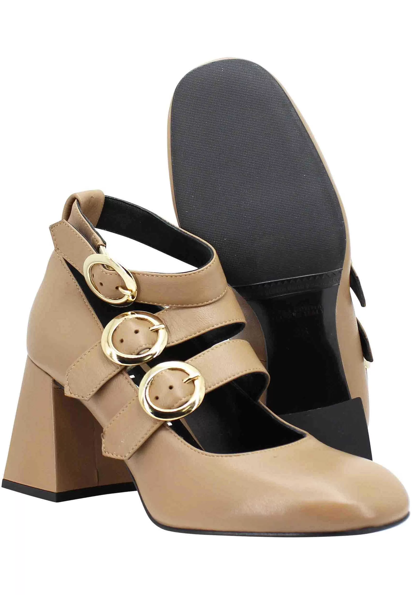 Decollete Donna In Pelle Sabbia Con Cinturini Fibbie E Tacco Alto** Store