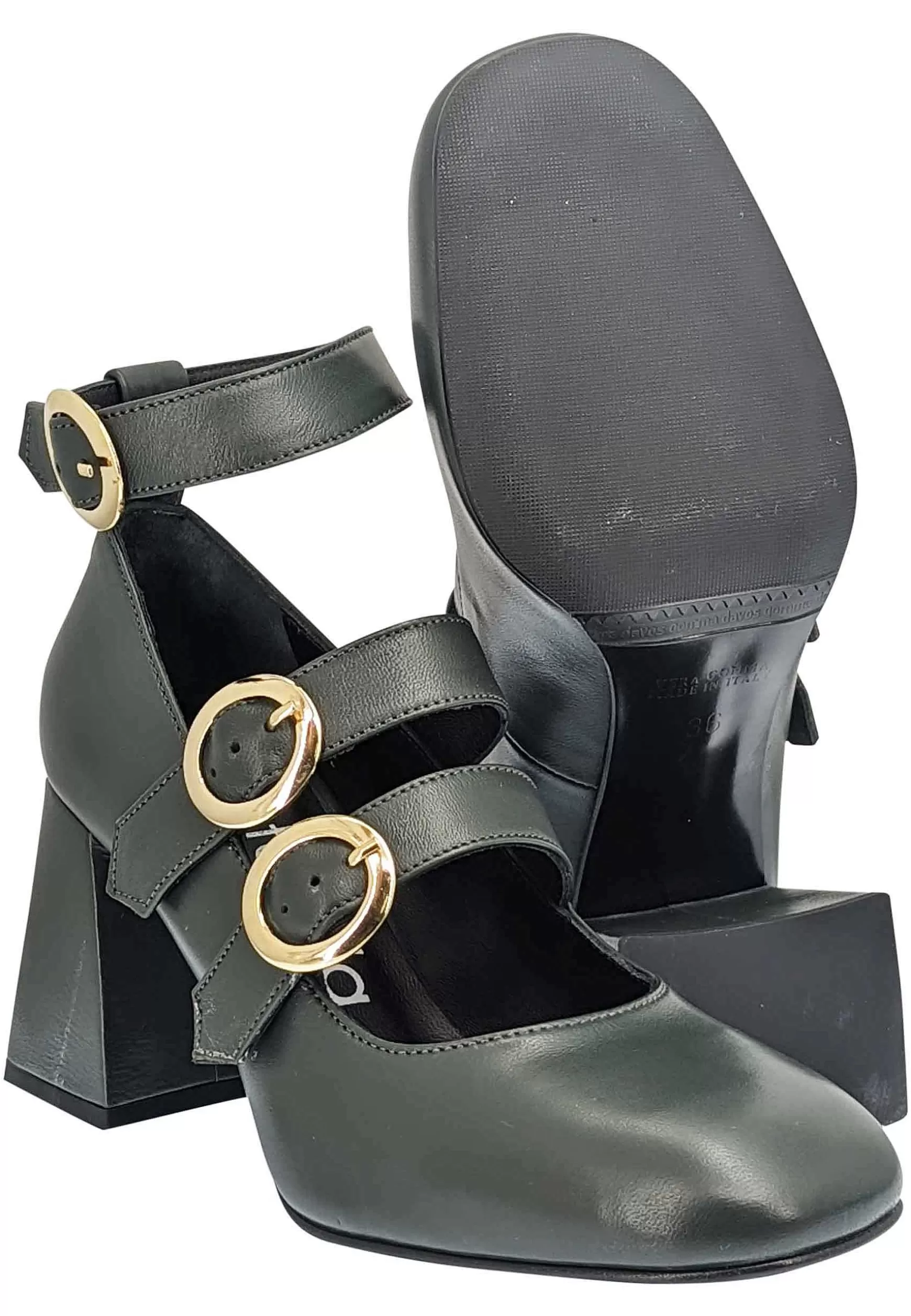 Decollete Donna In Pelle Verde Con Cinturini Fibbie E Tacco Alto** Cheap