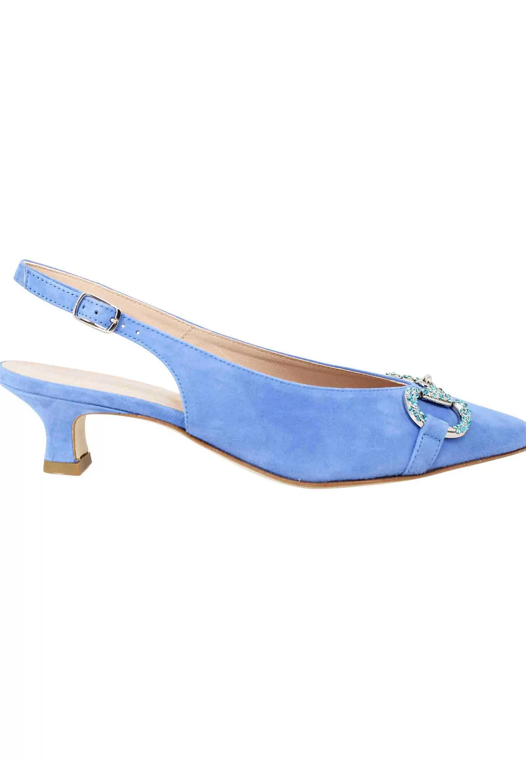 Decollete Slingback Donna In Camoscio Celeste Con Morsetto Gioiello E Tacco Basso** Fashion