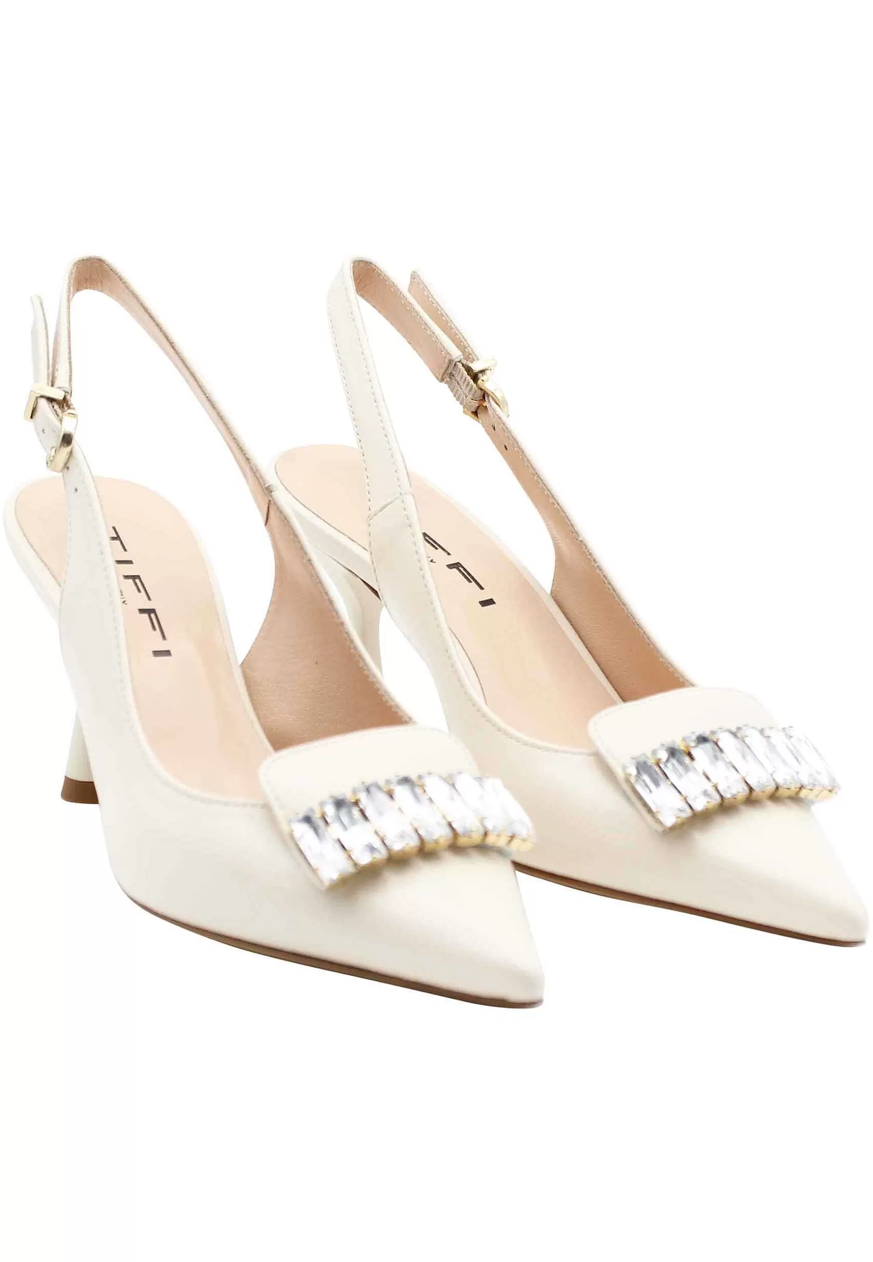 Decollete Slingback Donna In Pelle Avorio Con Tacco Alto E Accessorio Gioiello*TIFFI New