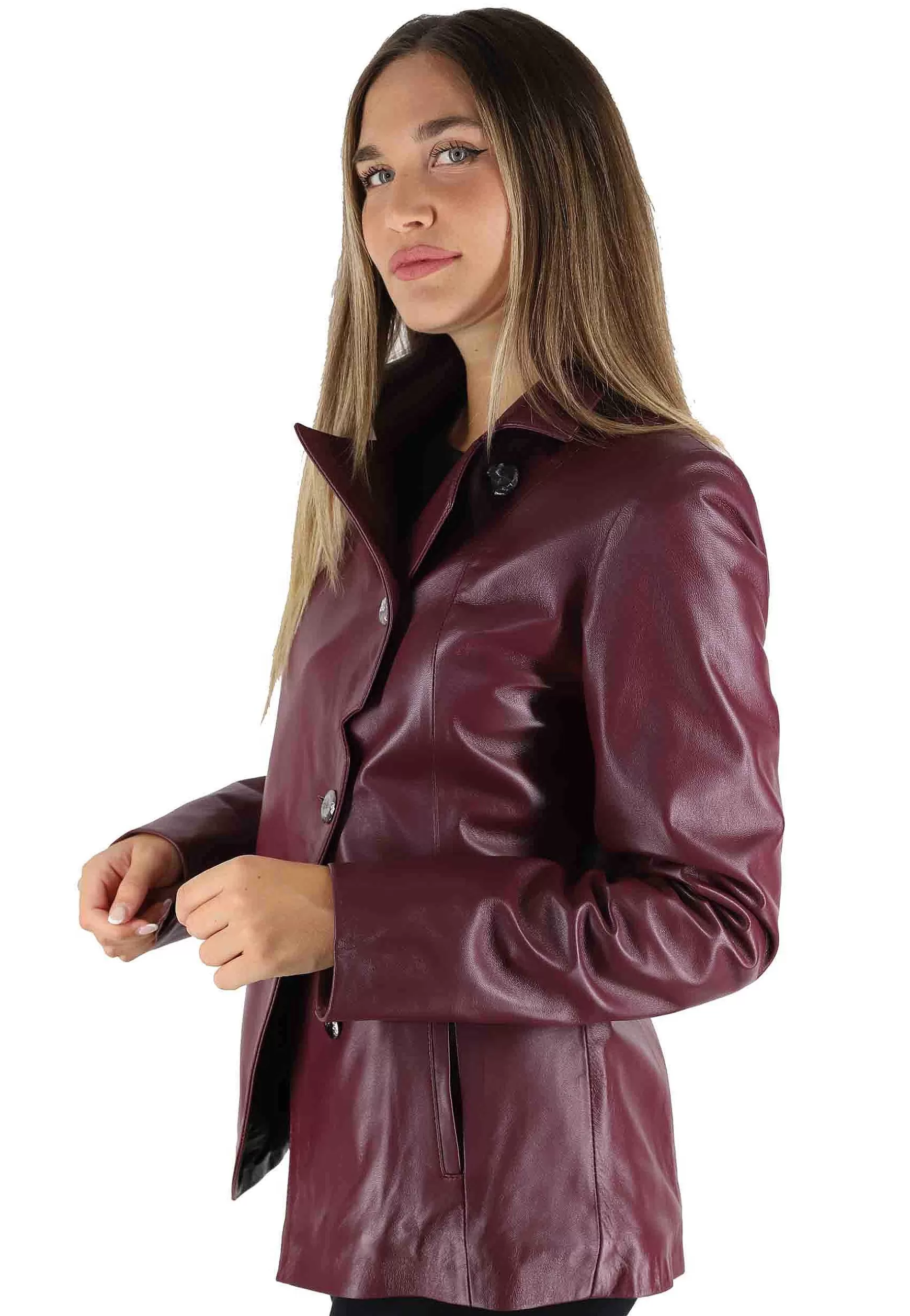 Giacca Donna In Pelle Bordeaux Monopetto Con Bottoni Gioiello** New