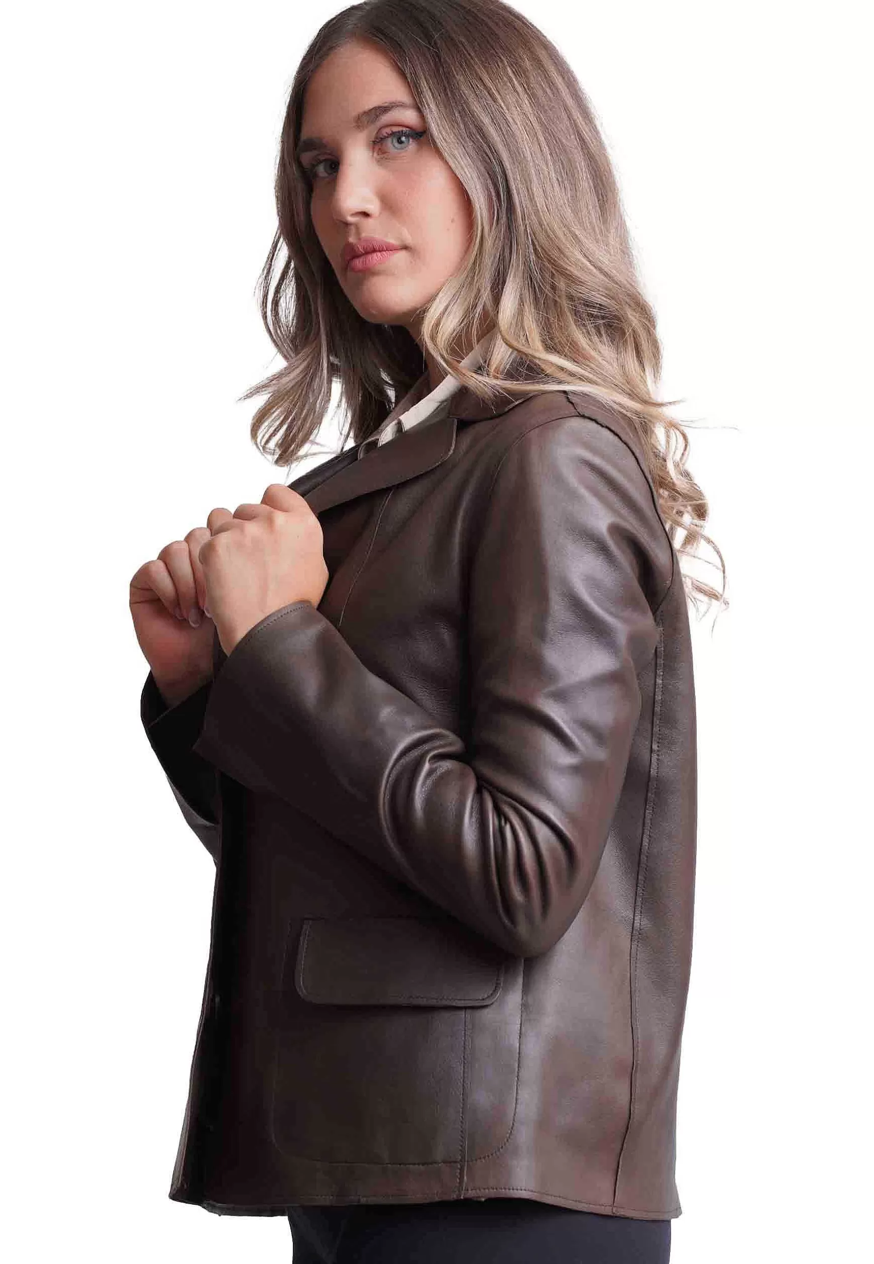 Giacca Donna In Pelle Sfoderata Testa Di Moro Monopetto 3 Bottoni** Sale
