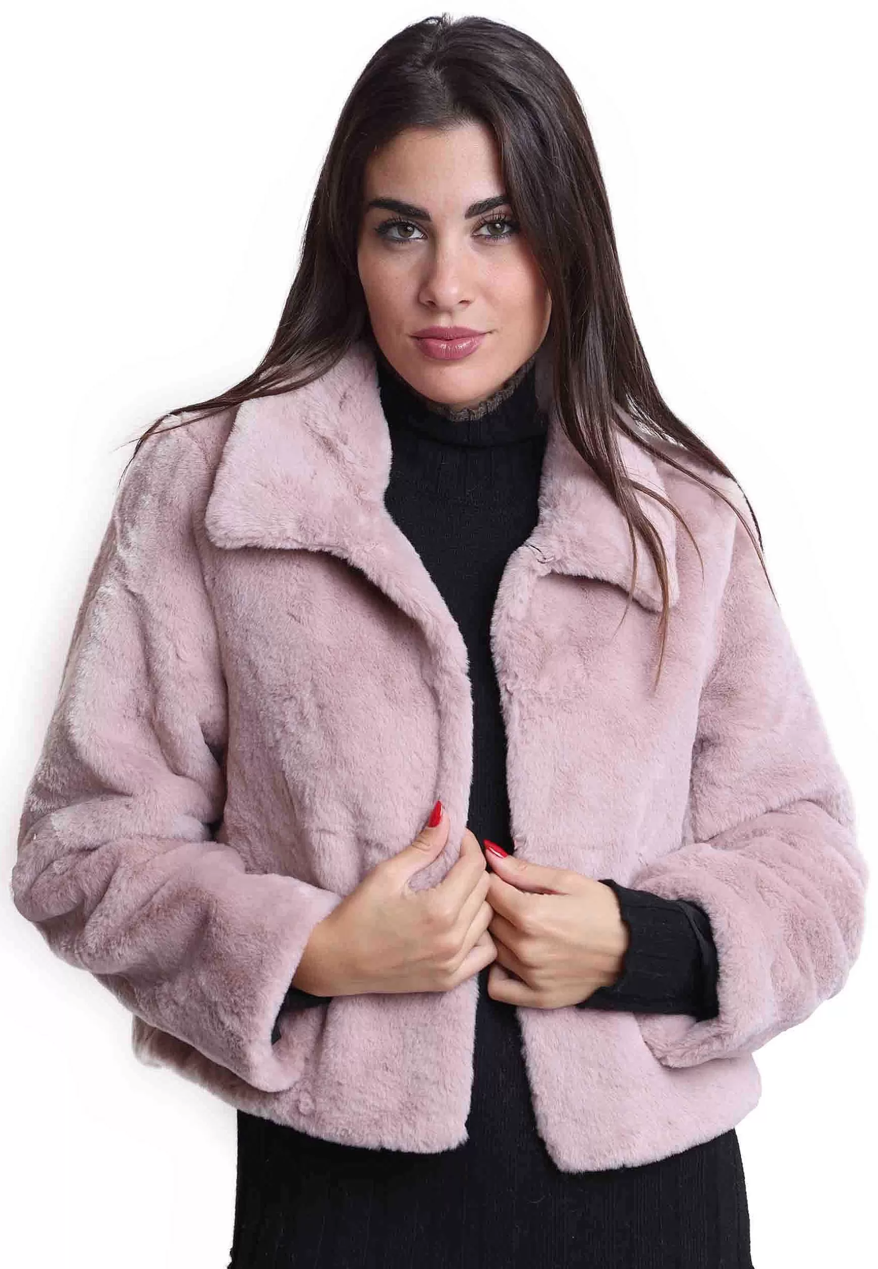 Giacche Corte Donna In Eco Fur Rosa Con Bottoni A Scomparsa** Hot
