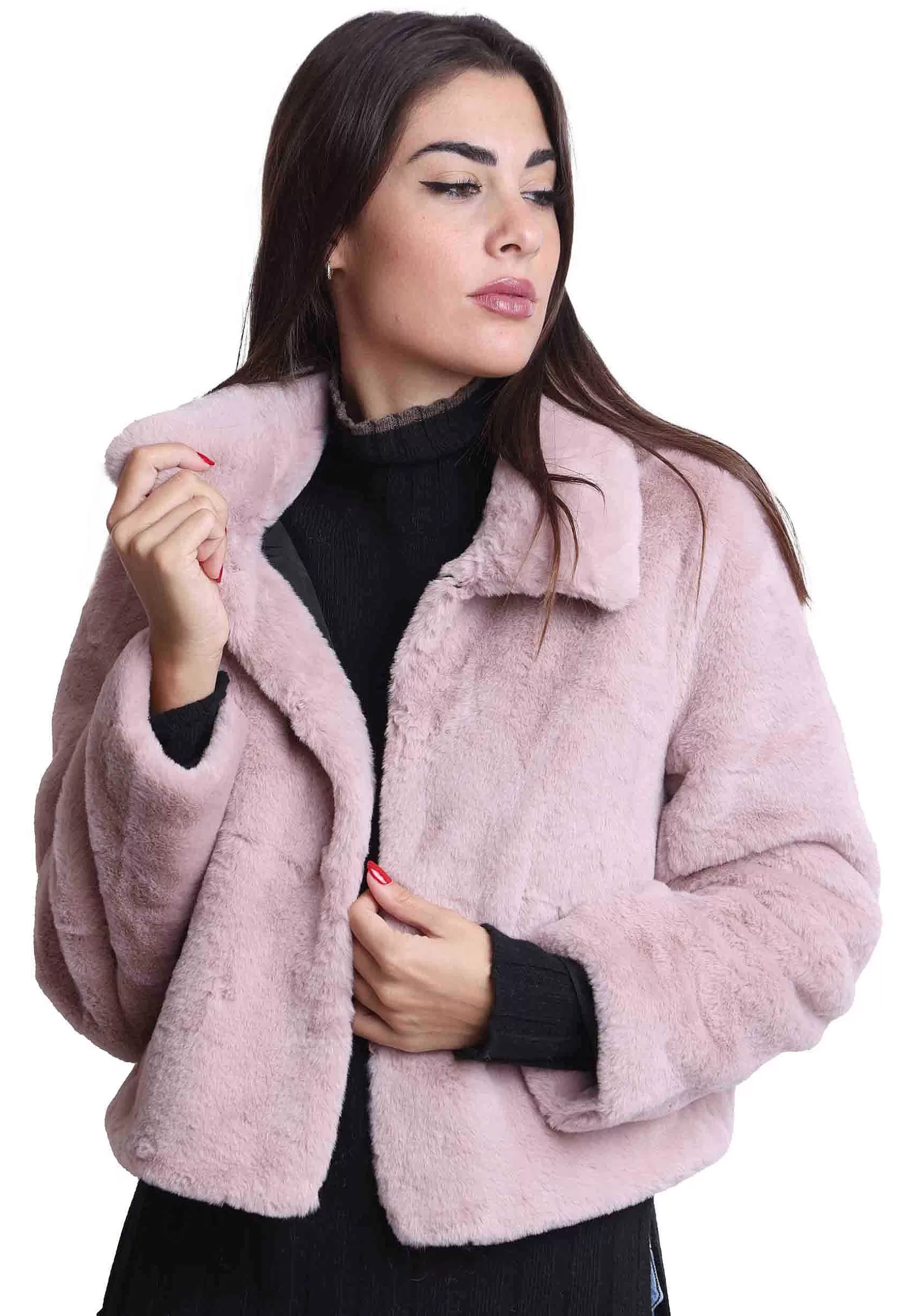 Giacche Corte Donna In Eco Fur Rosa Con Bottoni A Scomparsa** Hot