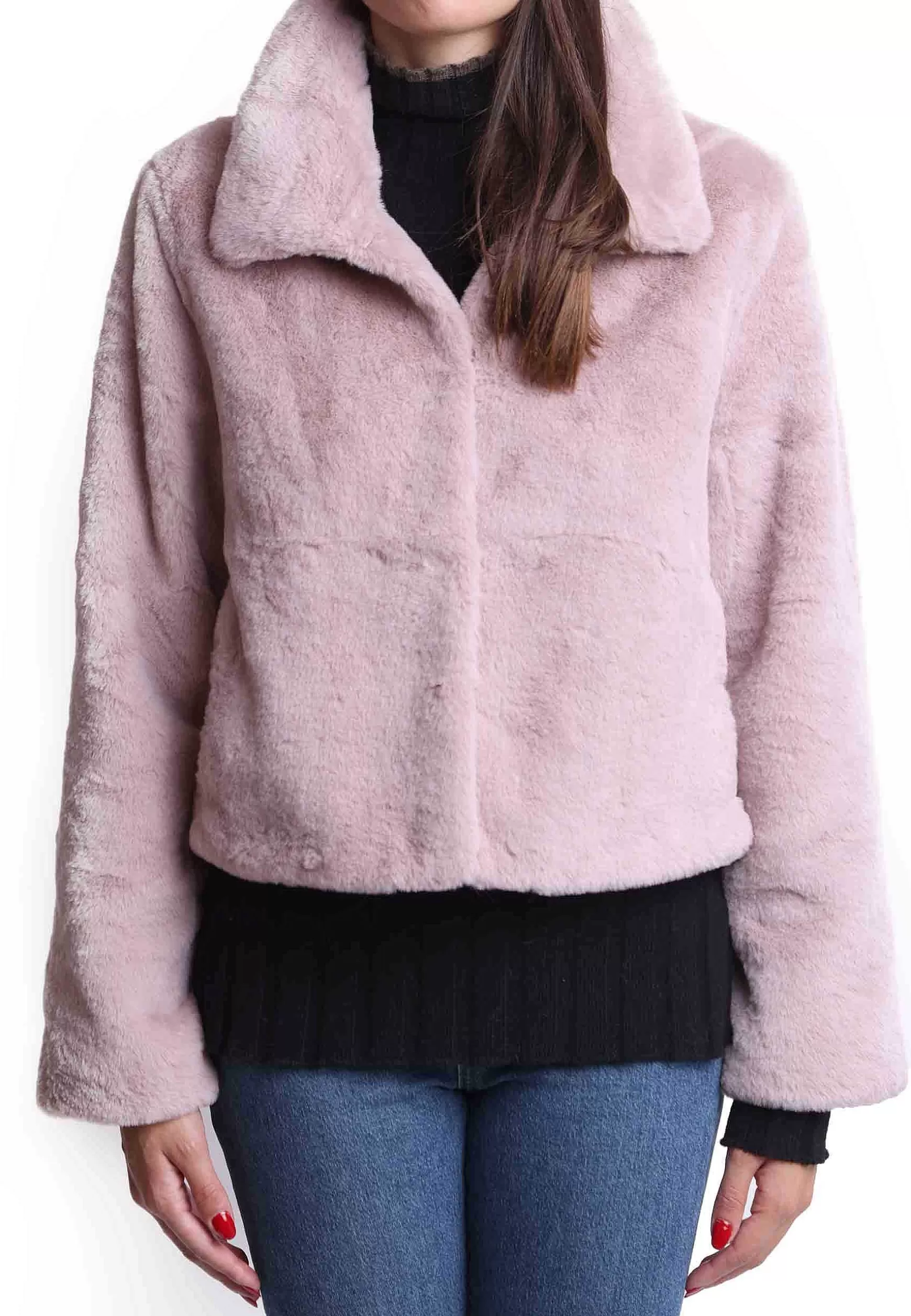 Giacche Corte Donna In Eco Fur Rosa Con Bottoni A Scomparsa** Hot