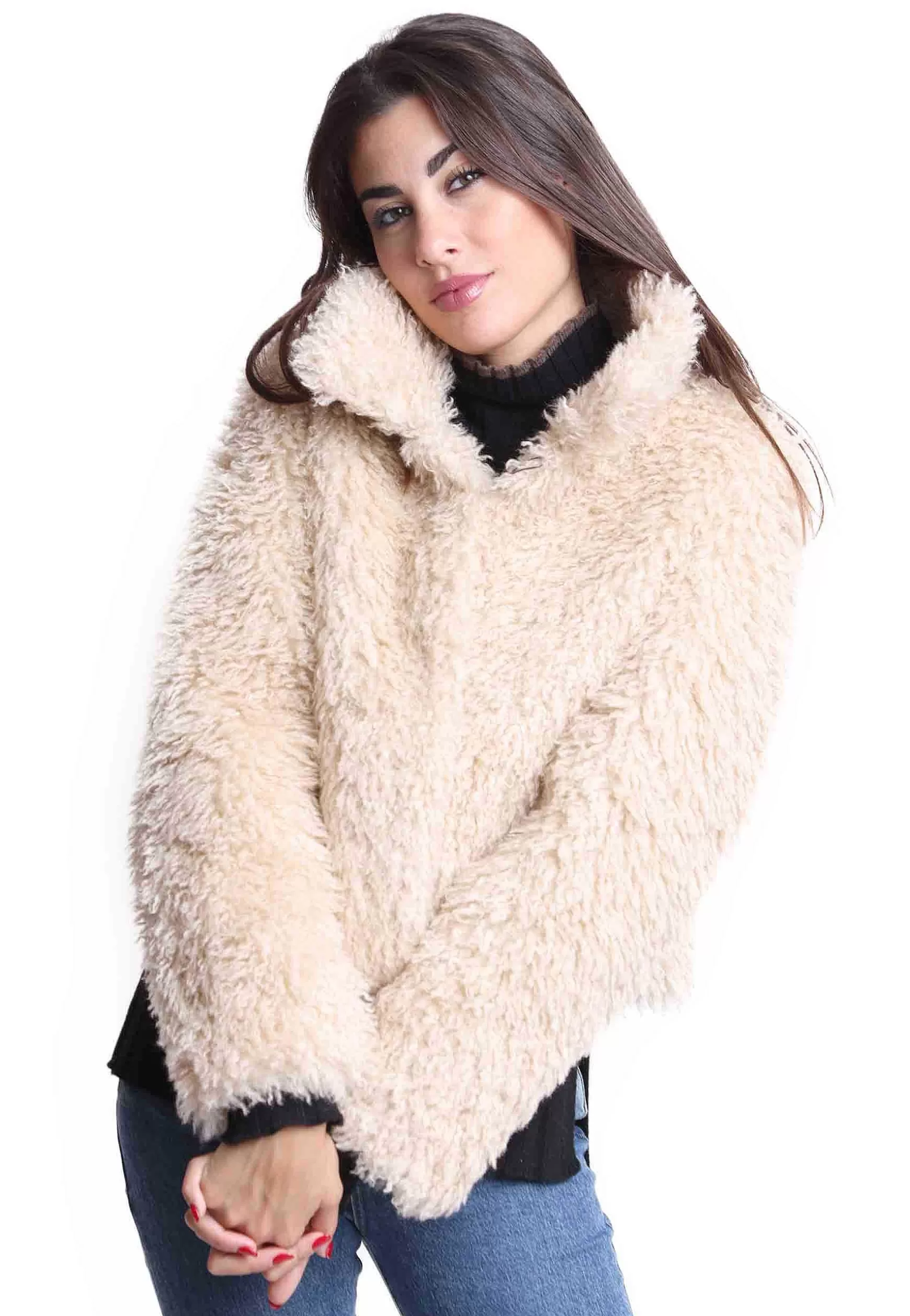 Giacche Teddy Donna In Eco Fur Beige Con Collo Alto** Clearance
