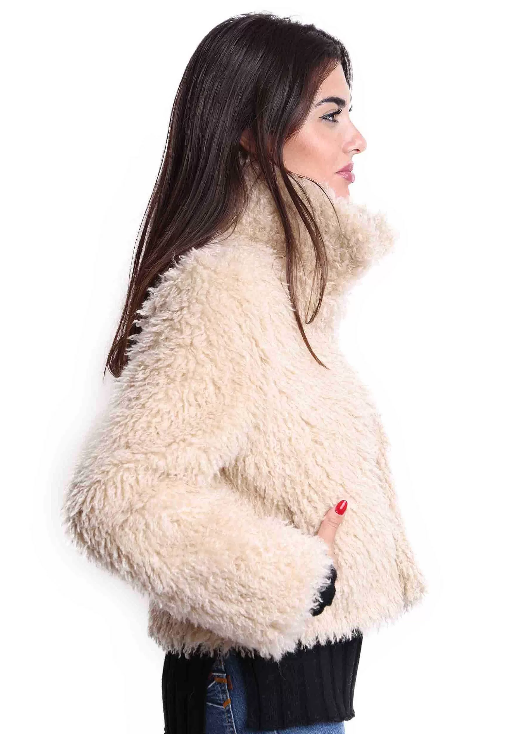 Giacche Teddy Donna In Eco Fur Beige Con Collo Alto** Clearance