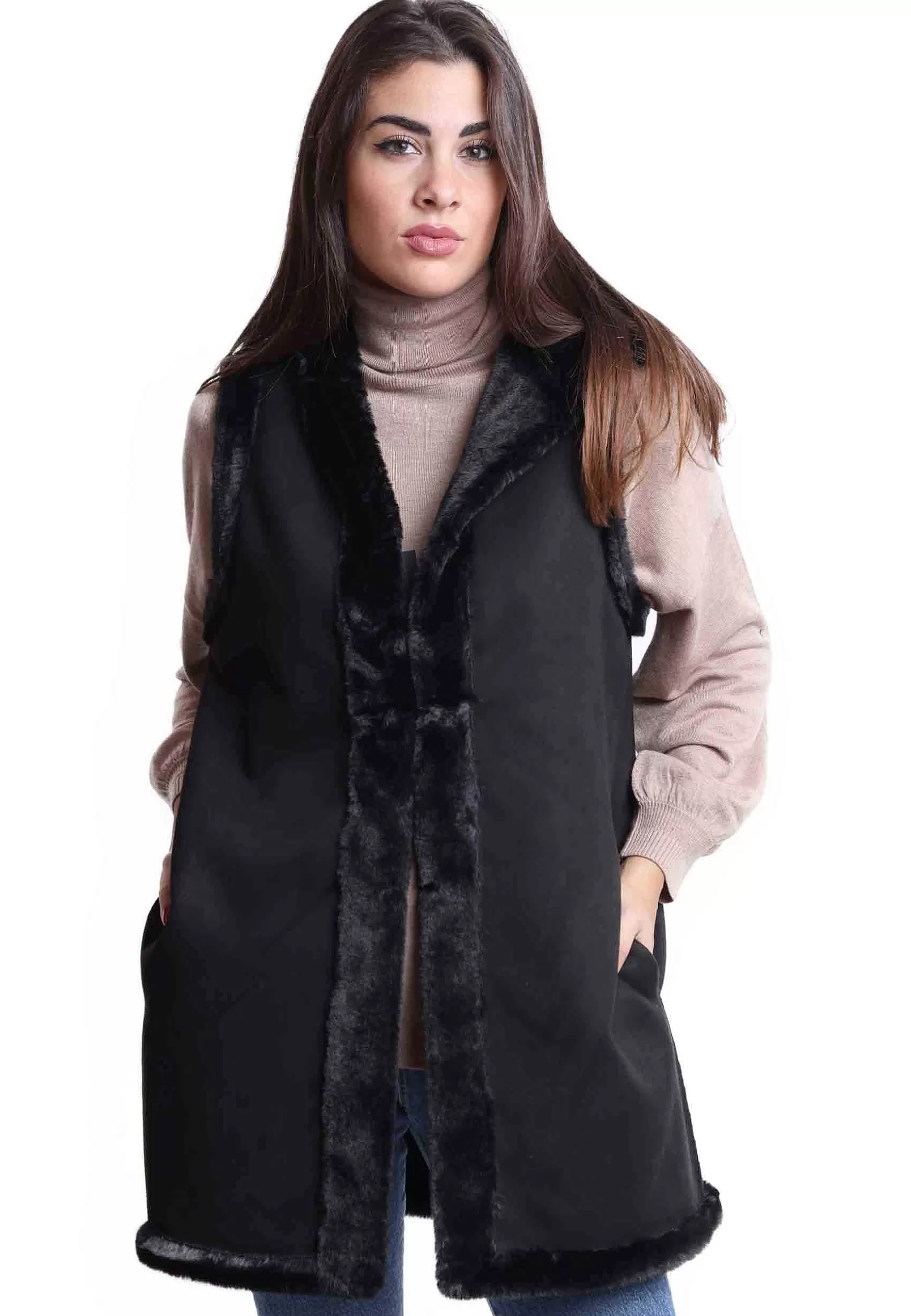 Gilet Donna Reversibili In Eco Fur Nero Con Cappuccio E Bottone A Scomparsa** Store