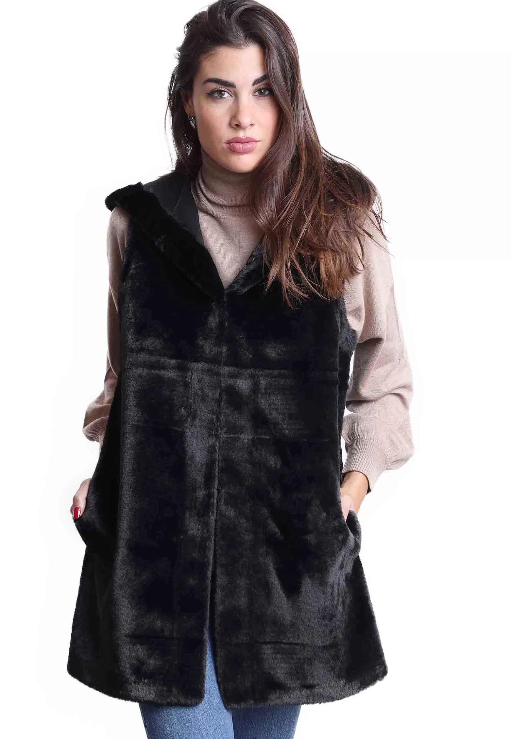 Gilet Donna Reversibili In Eco Fur Nero Con Cappuccio E Bottone A Scomparsa** Store