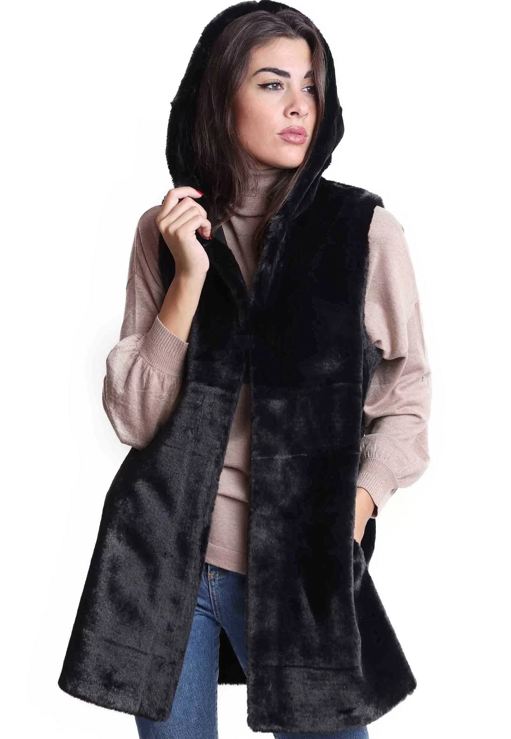 Gilet Donna Reversibili In Eco Fur Nero Con Cappuccio E Bottone A Scomparsa** Store