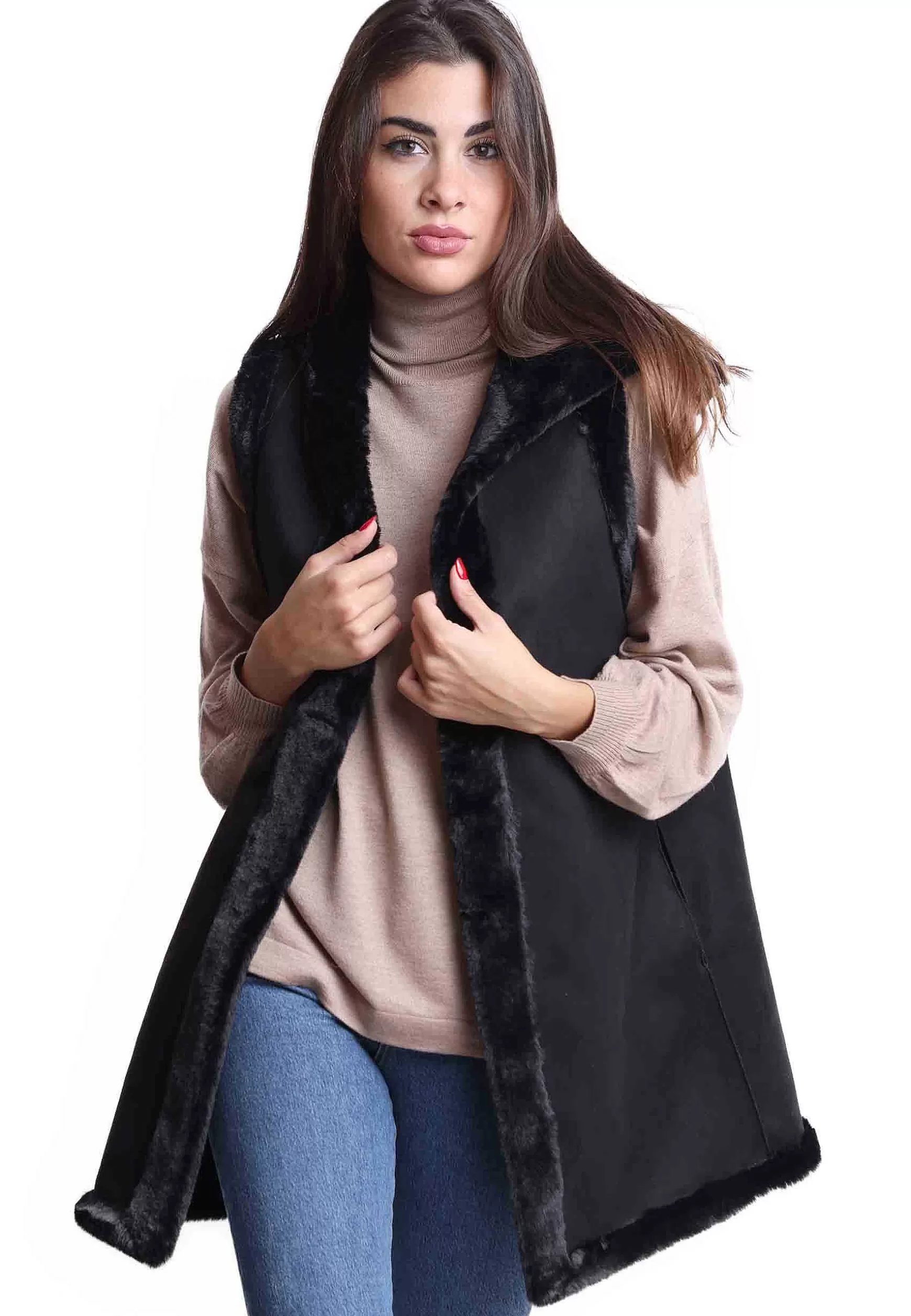 Gilet Donna Reversibili In Eco Fur Nero Con Cappuccio E Bottone A Scomparsa** Store