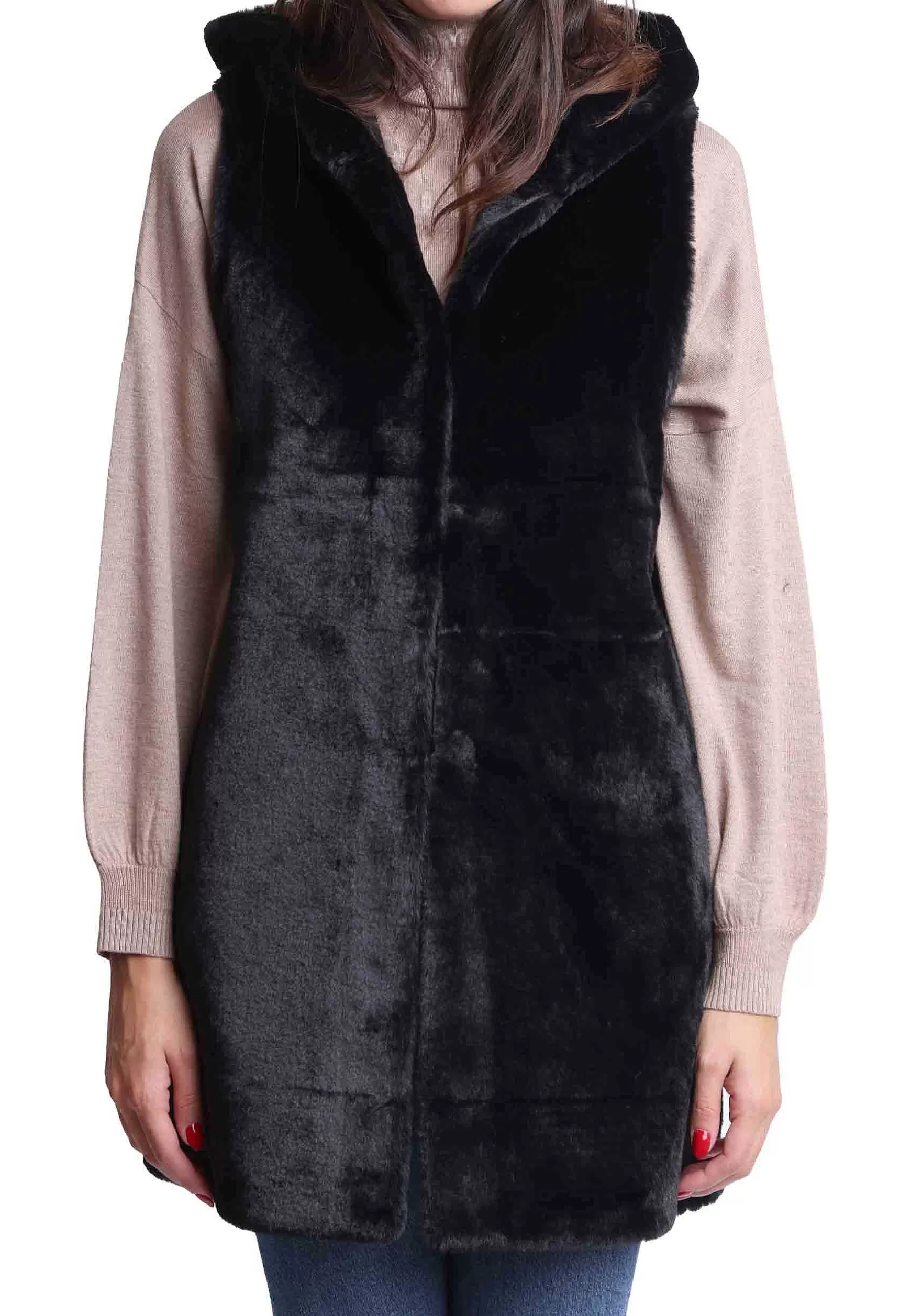 Gilet Donna Reversibili In Eco Fur Nero Con Cappuccio E Bottone A Scomparsa** Store