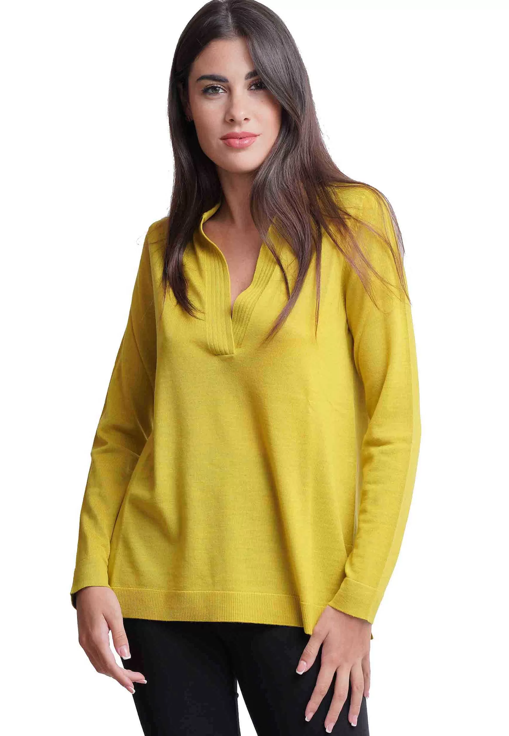 Maglia Donna Colours Of The Wolrd In Lana Gialla Con Collo E Scollo A V*Maliparmi Hot
