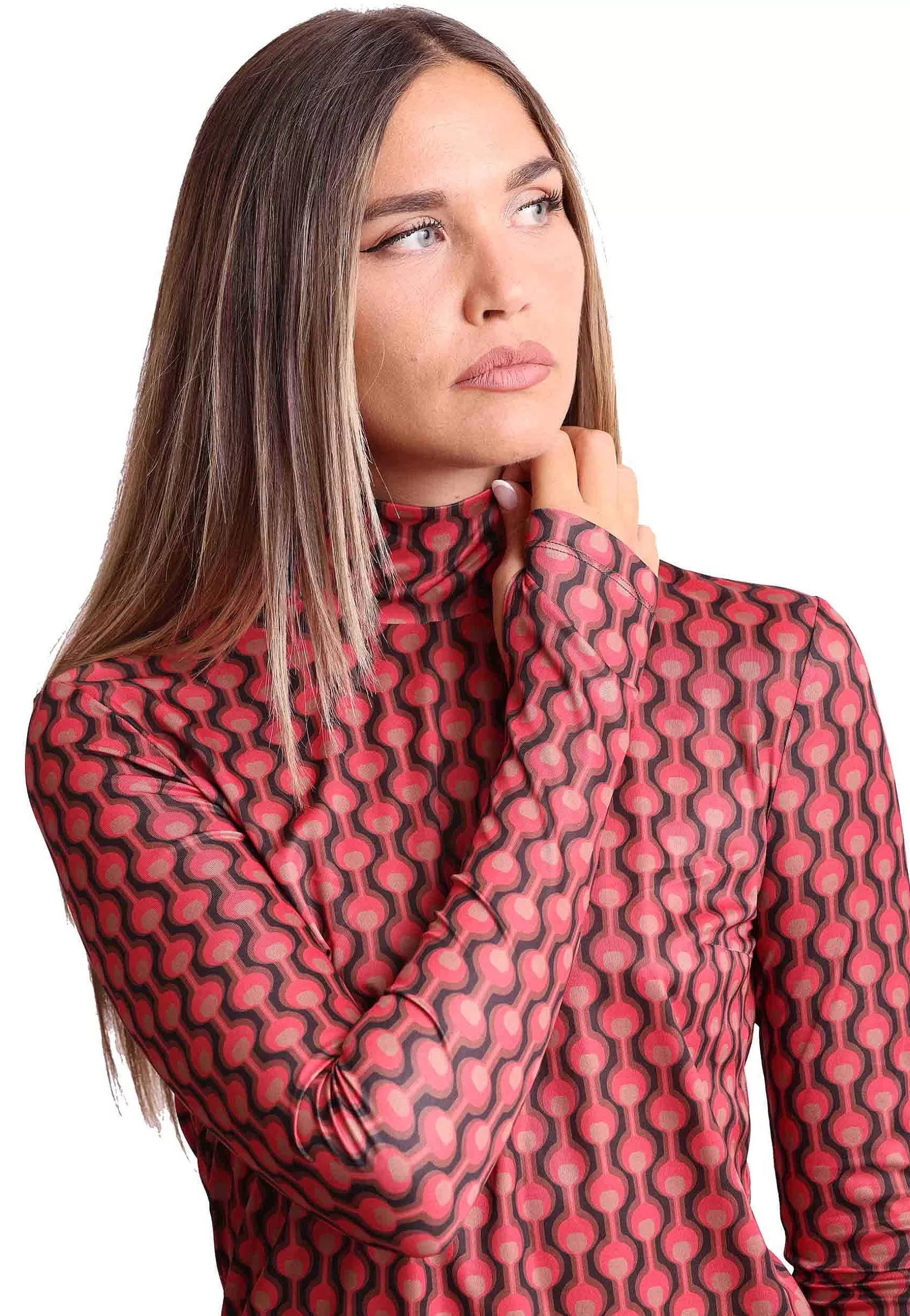 Maglia Donna Frieze In Jersey Stampato Nero E Rosa A Collo Alto Con Manica A Guanto*Maliparmi Shop