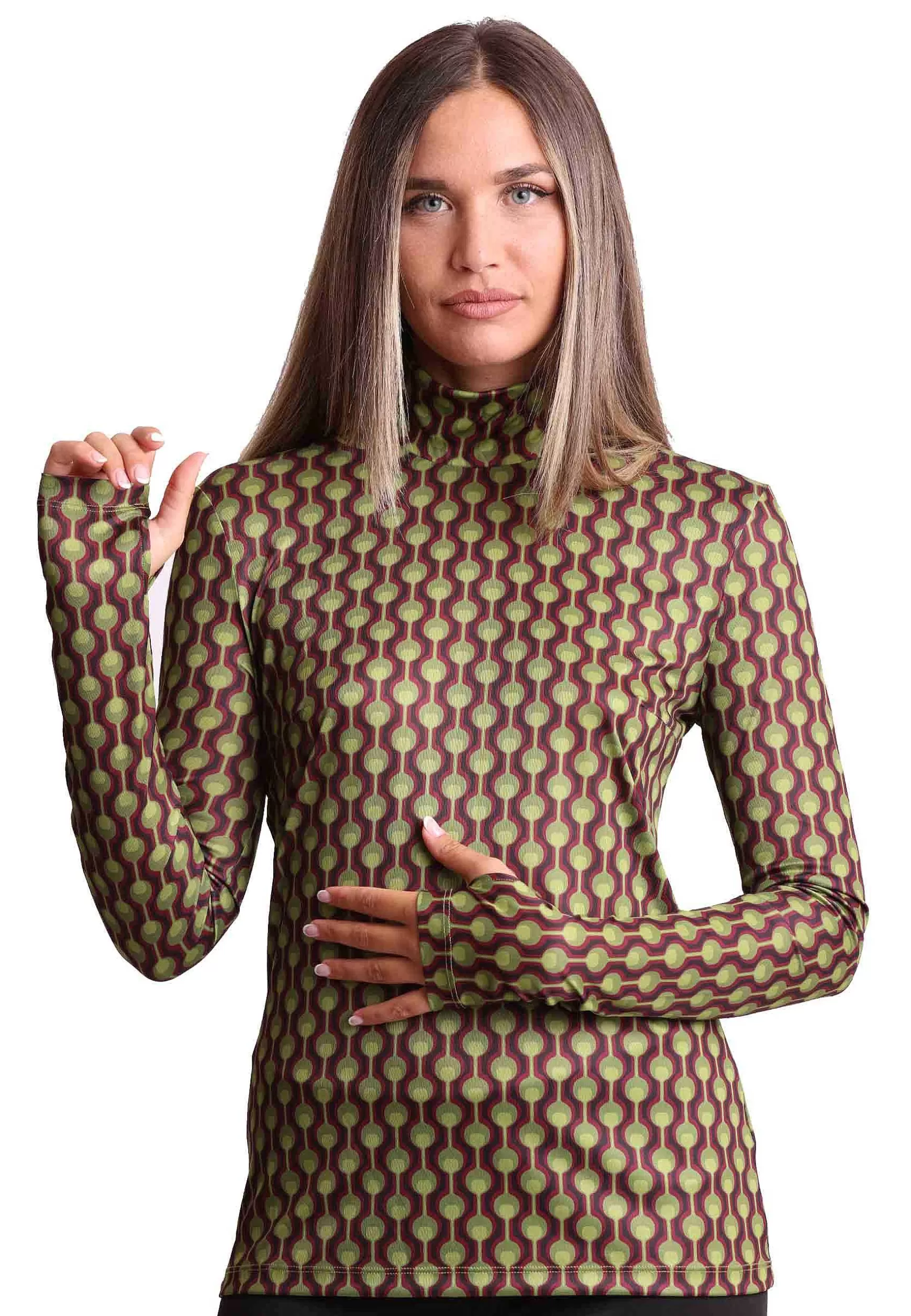 Maglia Donna Frieze In Jersey Stampato Verde E Bordeaux A Collo Alto Con Manica A Guanto*Maliparmi Best